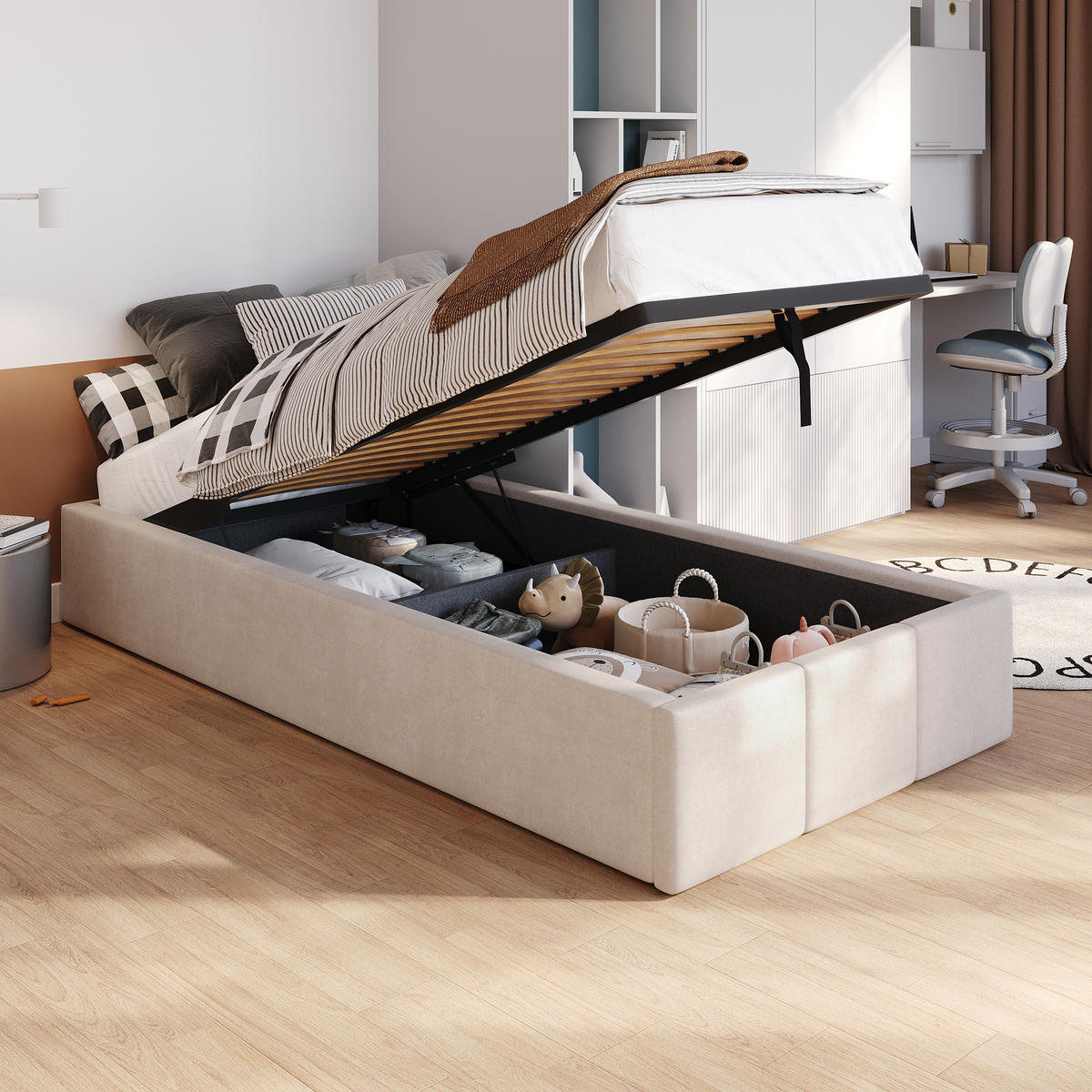 POLSTERBETT für Schlafzimmer Bett mit Stauraum Creme 90x200cm - Creme, Holzwerkstoff/Textil (90/200cm) - Muralo