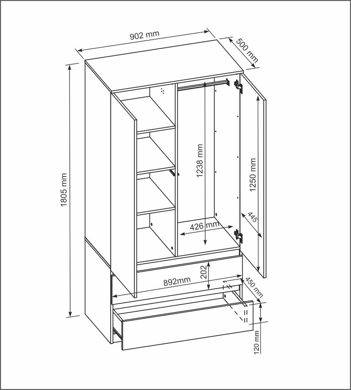 KLEIDERSCHRANK mit 2 Schubladen 90cm Anthrazit 180x90x50 cm - Anthrazit, Holzwerkstoff (90/180/50cm) - Mobelsta