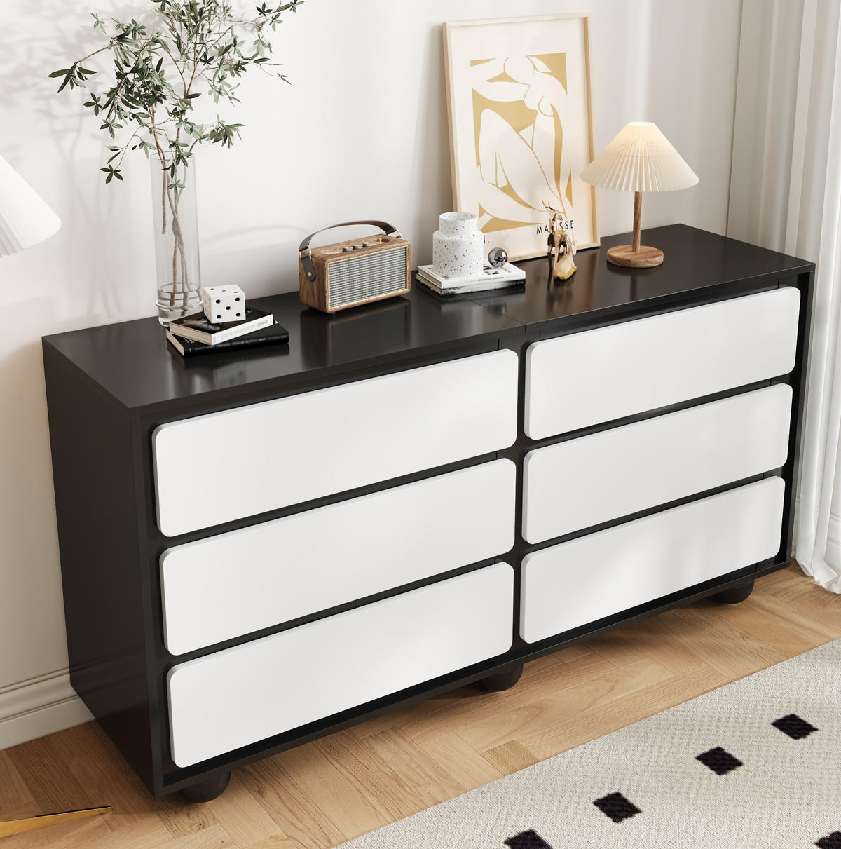 SIDEBOARD 140/38/74,5 cm Weiß/Schwarz aus Spanplatte mit 6 Schubladen - Weiß, Holzwerkstoff (38/74.5/140cm) - OKMYHOME