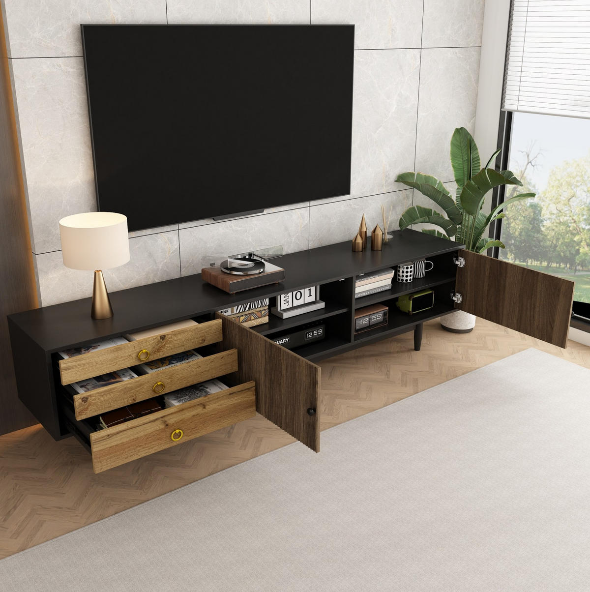 TV-LOWBOARD 180/38/50 cm mit 2 Türen, 3 Schubladen und Soft-Close - Schwarz, Holzwerkstoff (180/38/50cm) - BEAOK