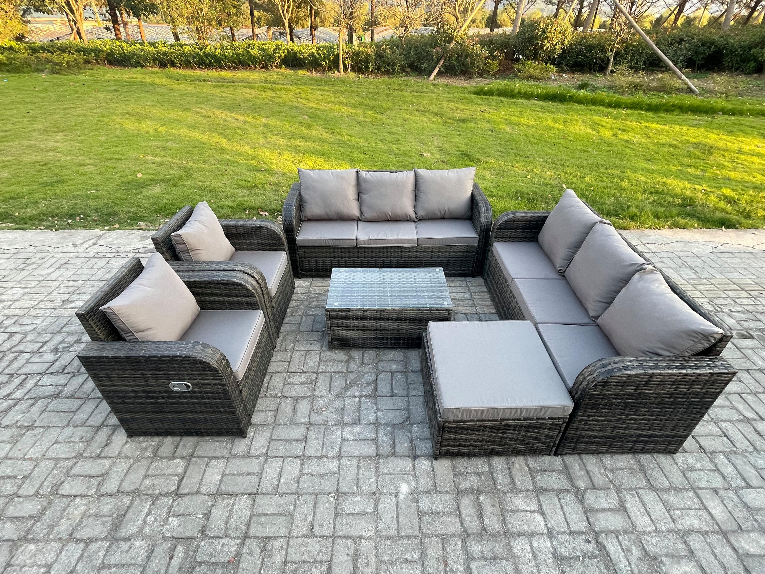 GARTENMÖBEL-SET mit Kissen Polyrattan Dunkelgrau 9-Sitzer - Dunkelgrau/Grau, Glas/Kunststoff - Fimous