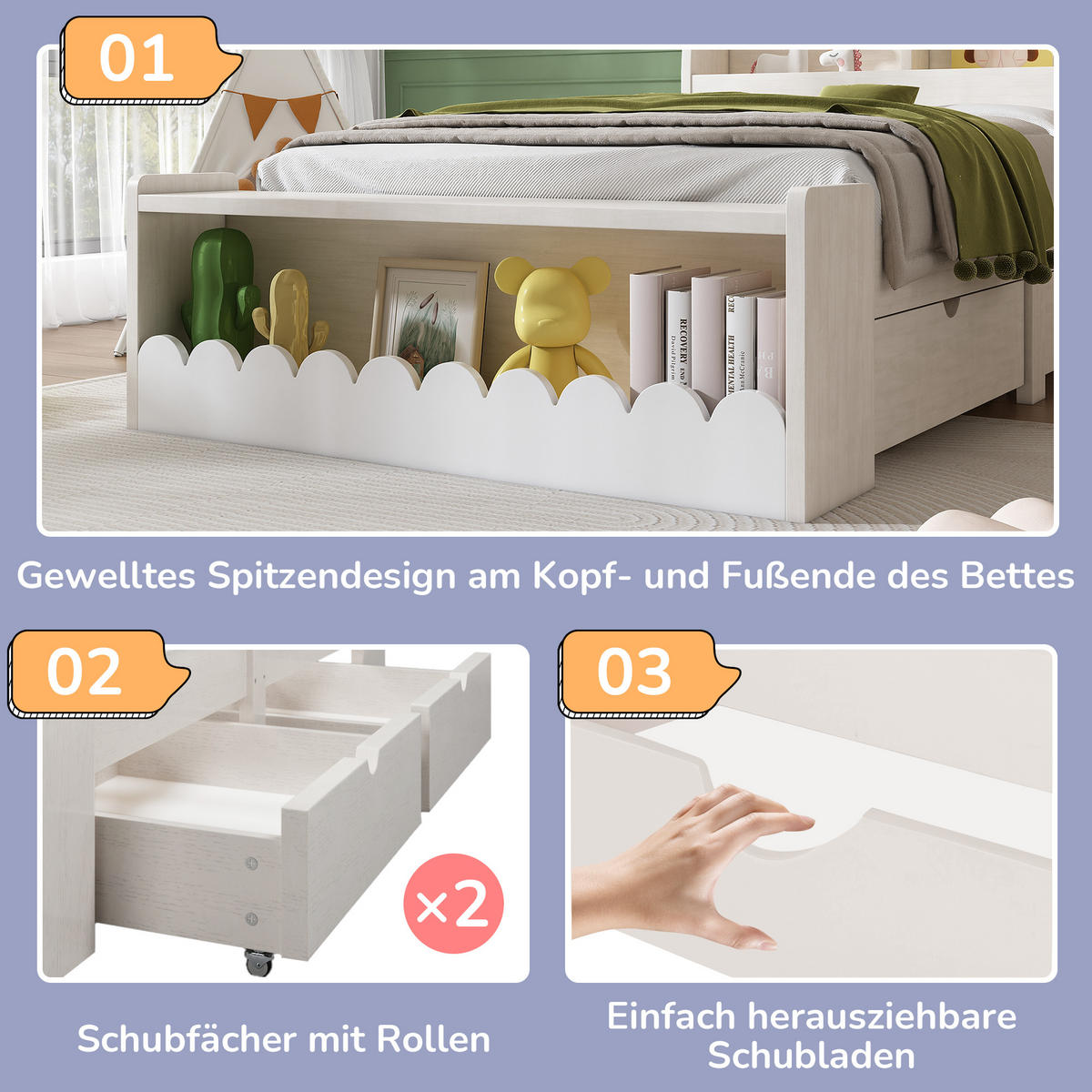 KINDEREINZELBETTEN aus Massivholz und MDF 90x190 cm in Beige mit 2 Schubladen - Beige, Holzwerkstoff (90/190cm) - Modfu