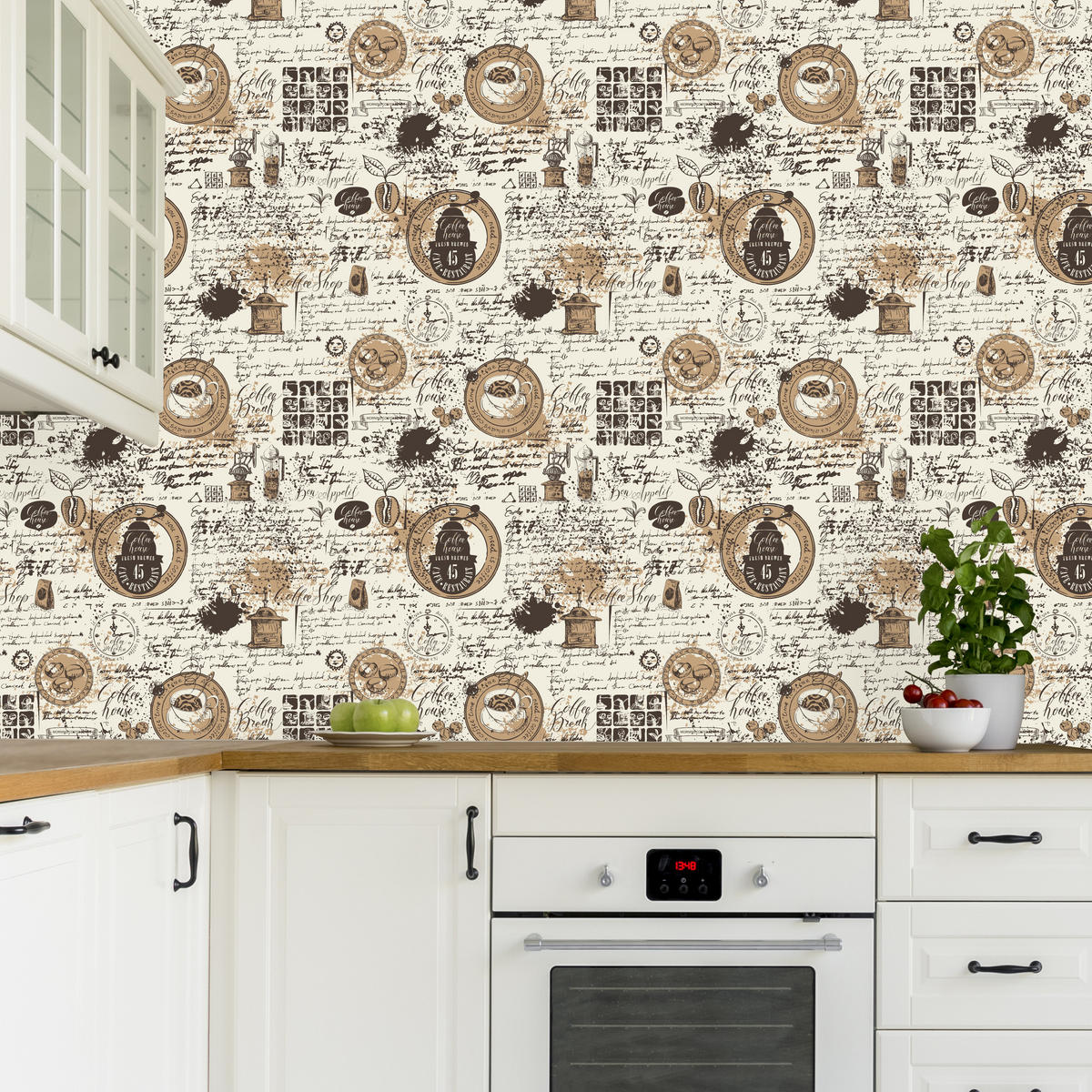 VLIESTAPETE Kaffee und Tassen im Retro-Stil – Braun, Beige – 50x1000 cm - Beige/Braun, Papier (50/1000cm) - Muralo