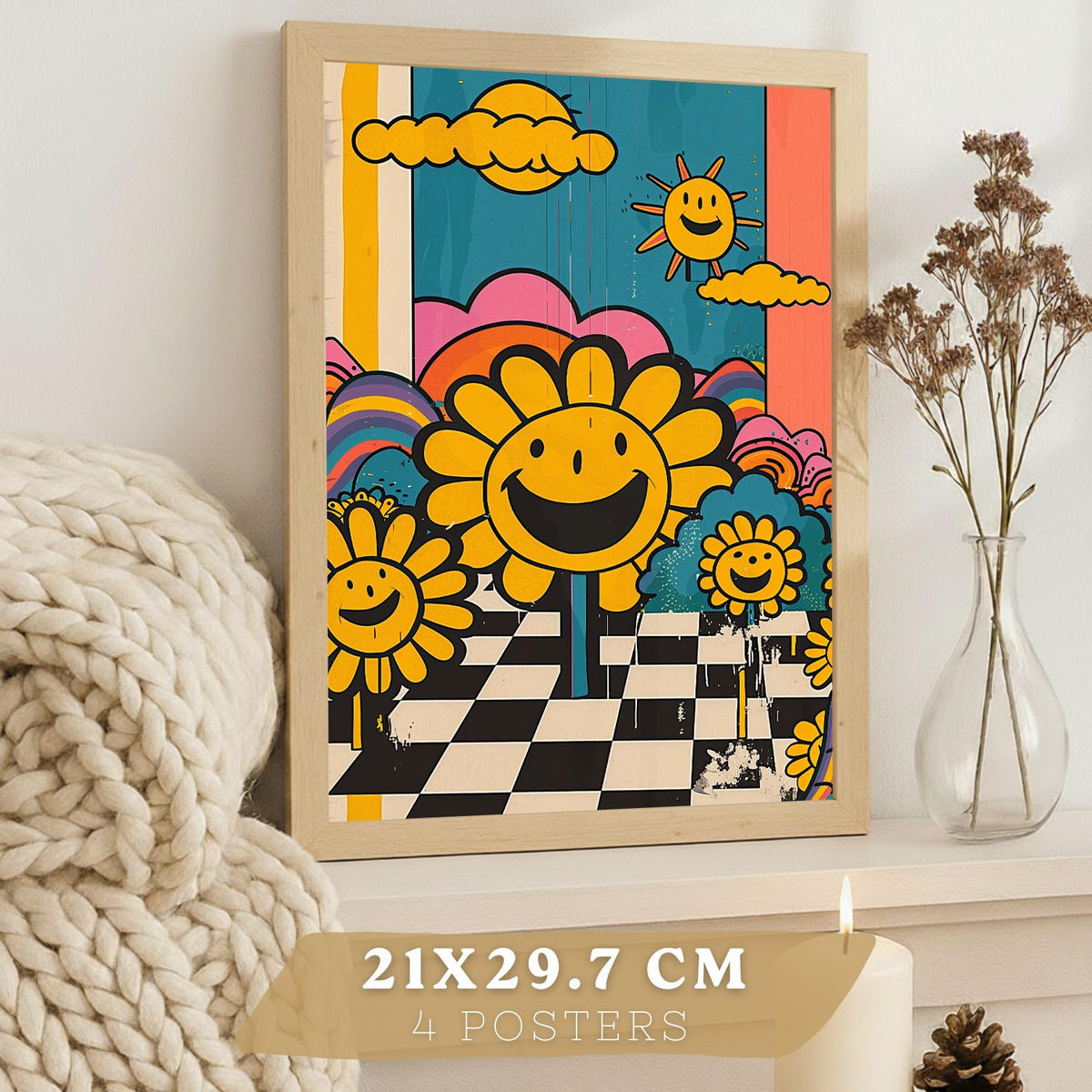 POSTER 4er Kunstdruck-Set Wandbilder Smiley Acid House modern Wohnzimmer Deko, Schlafzimmer, Küche, Badezimmer Leichter Holzrahmen A4 - Beige, Papier (29.7/1/21cm) - Nacnic