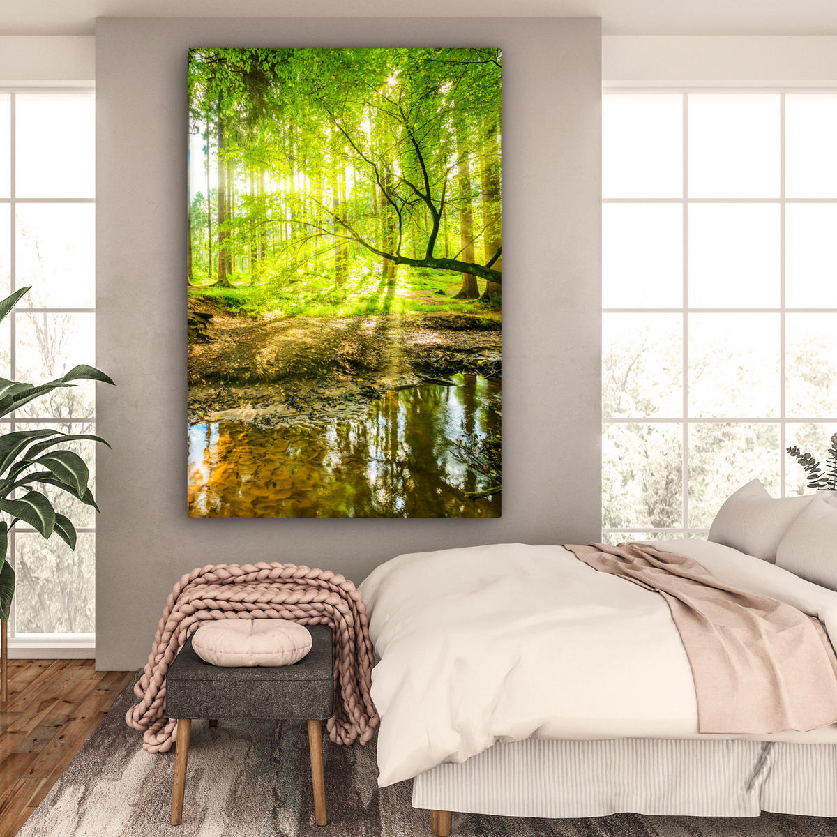 LEINWANDBILD Wald - Landschaft - Wasser - Bäume - Sonne - Grün - Natur Deko Groß 90x140 cm - Grün, Textil (90/140cm) - MuchoWow