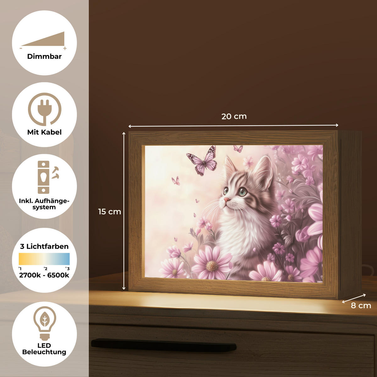 NACHTTISCHLAMPE Kätzchen - Blumen - Schmetterlinge - Lila 20x15 cm - Altrosa, Holzwerkstoff (8/20/15cm)