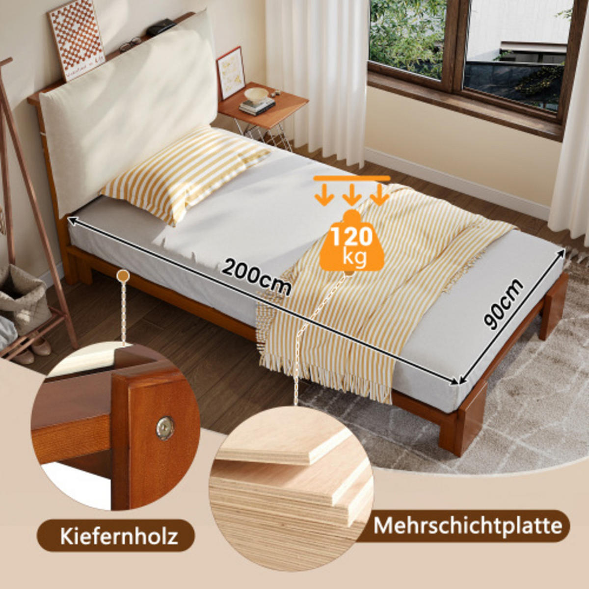 POLSTER-EINZELBETT 90x200 cm, Holz & Stoff mit Klettverschluss, braun - Braun, Holzwerkstoff (90/200cm) - Luhomfu