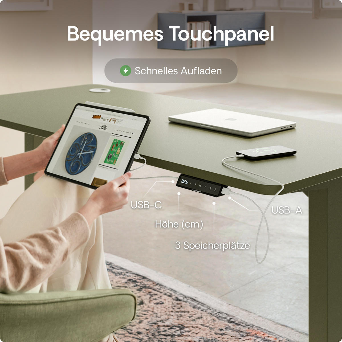 SCHREIBTISCH Elektrisch Höhenverstellbarer HomePro 120x60cm Grün/Schwarz mit Memory-Funktion, Anti-Kollisions Technologie - Schwarz/Grün, Holzwerkstoff (60/120/72cm) - Desktronic