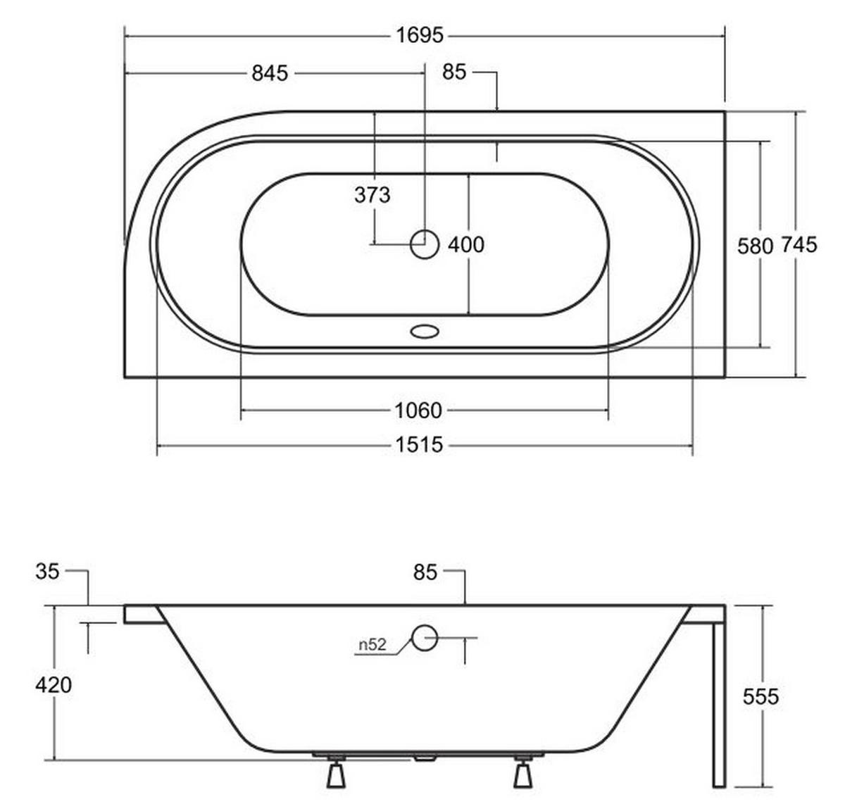 BADEWANNE Eckwanne AVITA 170/75 Links + Kopfstütze Ablauf Füße - Weiß, Kunststoff (75/55.5/170cm) - bad land