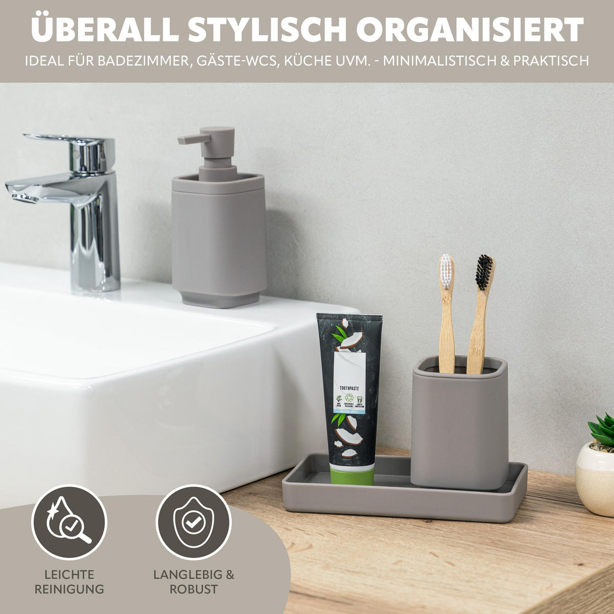 BAD-ACCESSOIRES-SET VALONA, Soft-Touch, taupe - Taupe, Kunststoff (18/2.5/9.5cm) - eluno