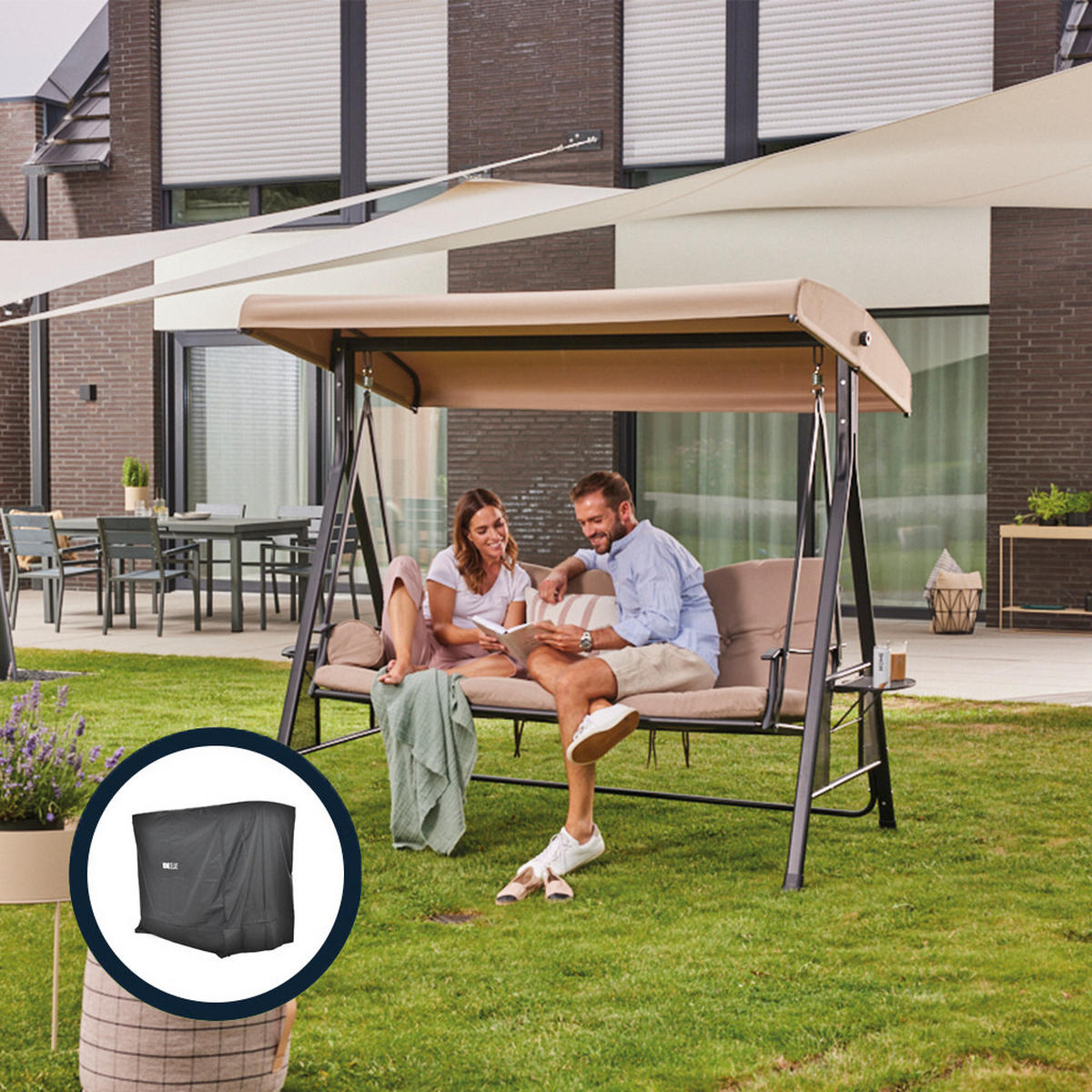 HOLLYWOODSCHAUKEL DESCANSO - Beige, Mit Regenabdeckung - Beige, Textil/Metall (115/195/198cm) - Home Deluxe