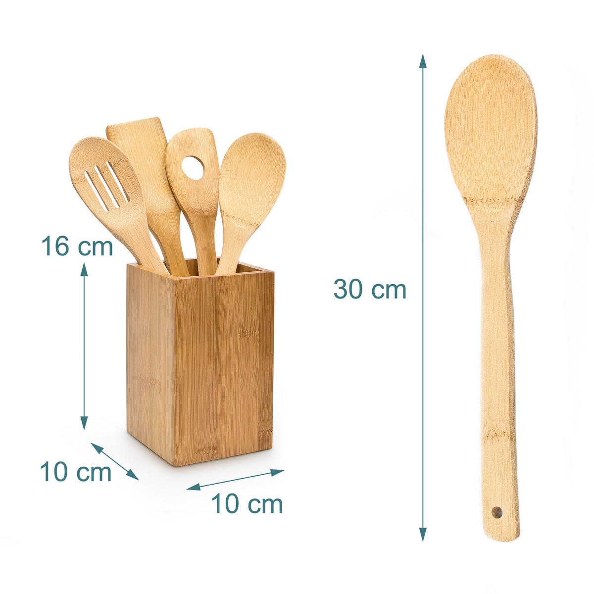 KOCHLÖFFELSET Natur Bambus 5-tlg. mit Halter - Hellbraun, Holz - Relaxdays