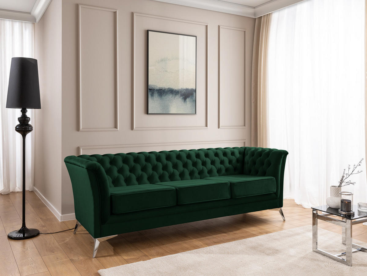 CHESTERFIELD-SOFA 3-sitzer Whitby Flaschengrün Samt mit silbernen Füßen - Dunkelgrün/Silberfarben, Holz/Textil (237/78/82cm) - S-Style Möbel