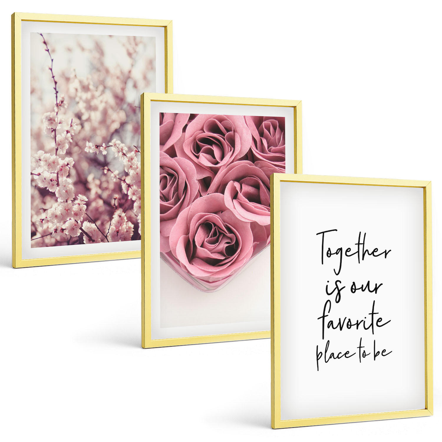 BILDER SET 3er Set - 40x60 cm Goldrahmen - Blumensträuße aus Rosen mit einer Inschrift - Goldfarben, Kunststoff (40/60cm) - TULUP