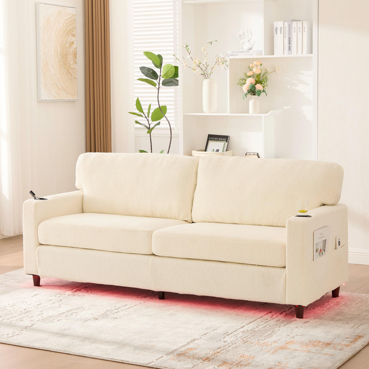 SOFA 2-Sitzer mit USB-C Anschluss & LED-Beleuchtung Chenille Beige 203/77,5/86 cm - Beige, Textil (203/86/77.5cm) - OKWISH