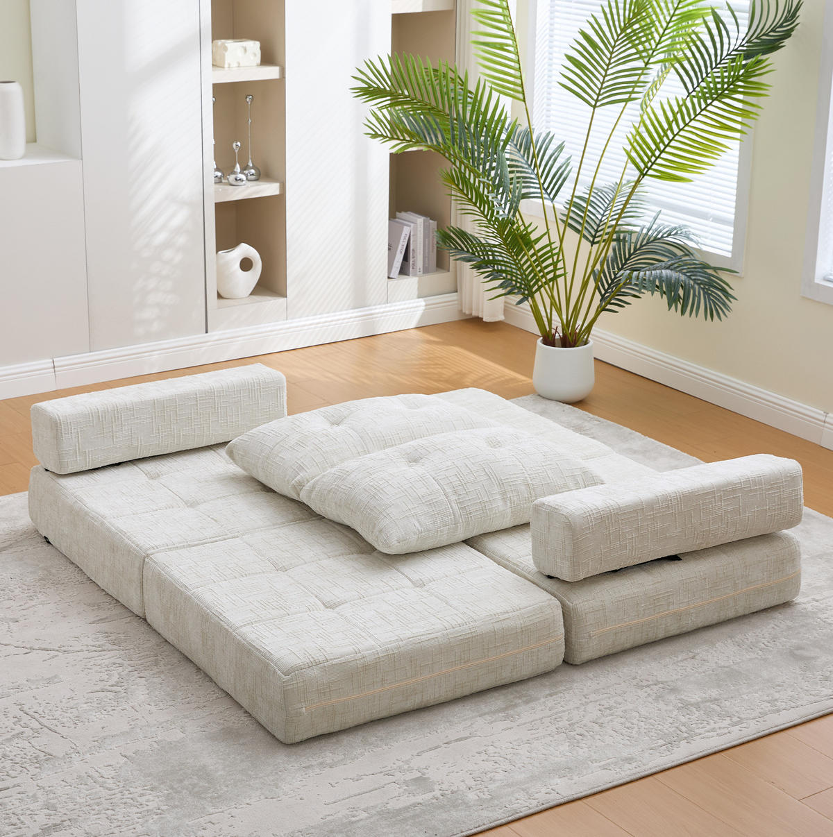 SCHLAFSOFA 79/79/57 cm in Beige – faltbar mit Kissen und Chenillebezug - Beige, Textil (79/57/79cm) - BEAOK