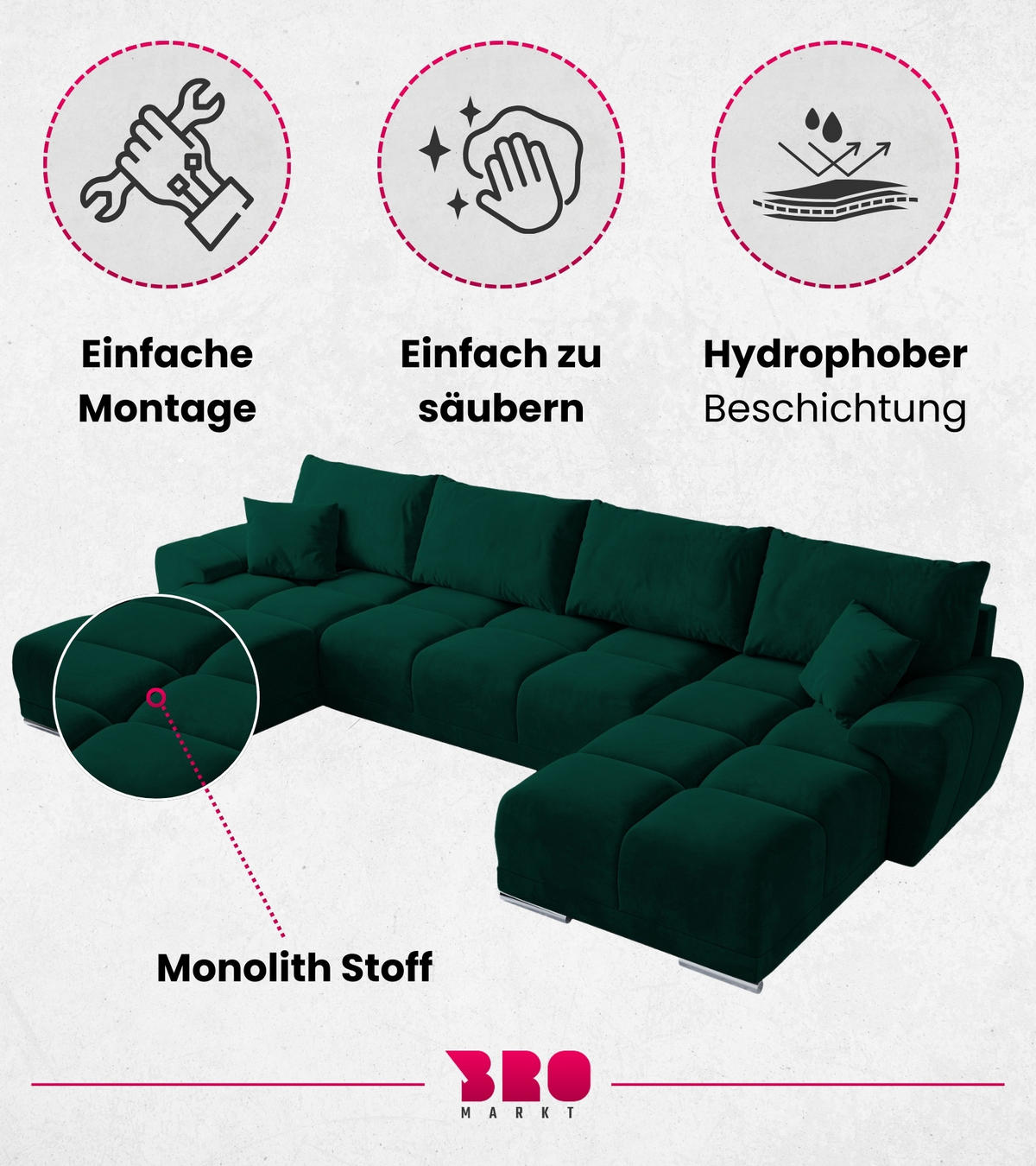 WOHNLANDSCHAFT Nubes mit Schlaffunktion Flaschengrün Plüsch - Silberfarben/Grün, Kunststoff/Textil (372/85/184cm) - Bromarkt