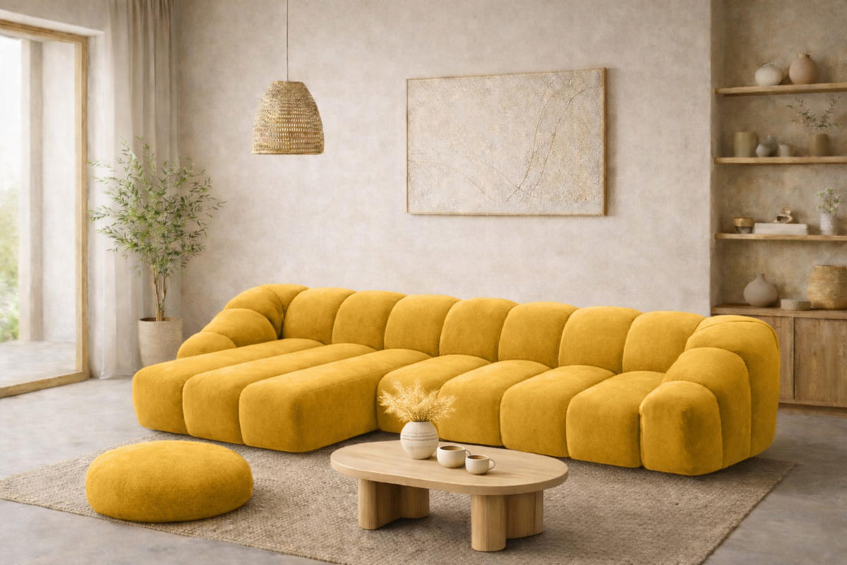 ECKSOFA Modulare L-Form, Veloursstoff Bluvel, Golden, Links, CROISSANT XL - Goldfarben, Holz (340/190cm) - Kaiser Möbel
