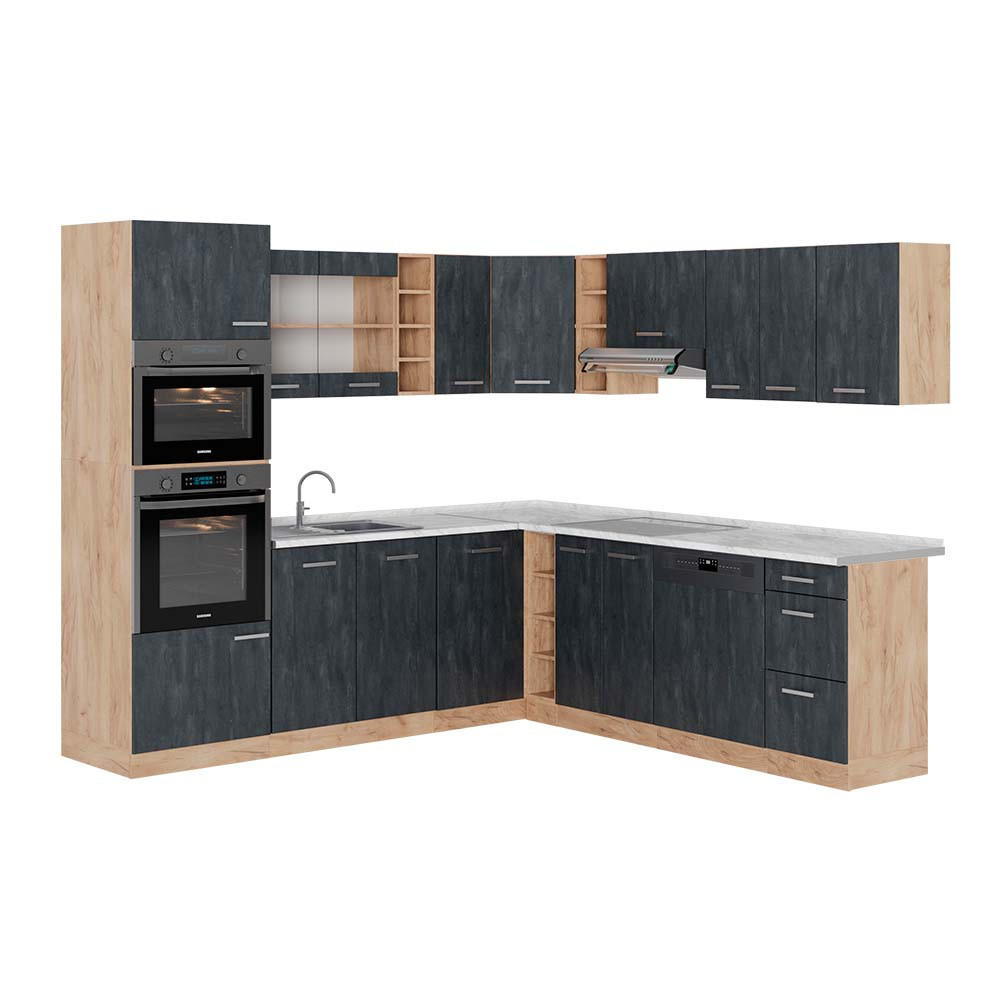 ECKKÜCHE R-Line Schwarz Beton/Goldkraft Eiche 237 x 247 cm AP Marmor - Eiche Wotan/Schwarz, Holzwerkstoff (247/81.6/60cm) - Vicco