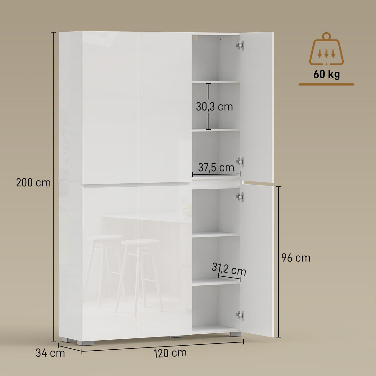 HIGHBOARD DE-11305 Hochglanz, 6 Soft-Close Türen Weiß - Weiß, Holzwerkstoff (34/200/120cm) - ComfortXL
