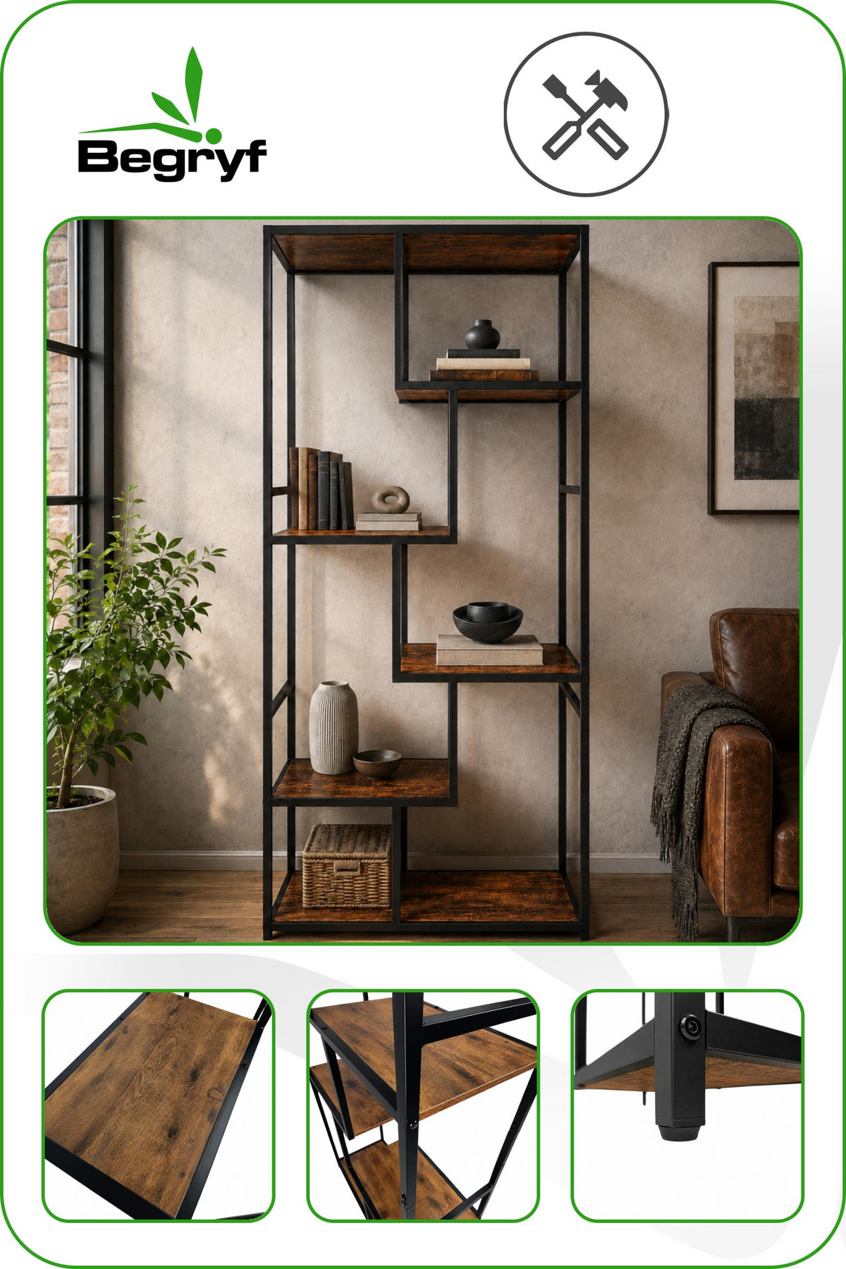 REGAL Holzoptik Metall Dunkelbraun Schwarz asymmetrisch 75x30x155 cm - Dunkelbraun/Schwarz, Holzwerkstoff/Metall (75/155/30cm) - Begryf