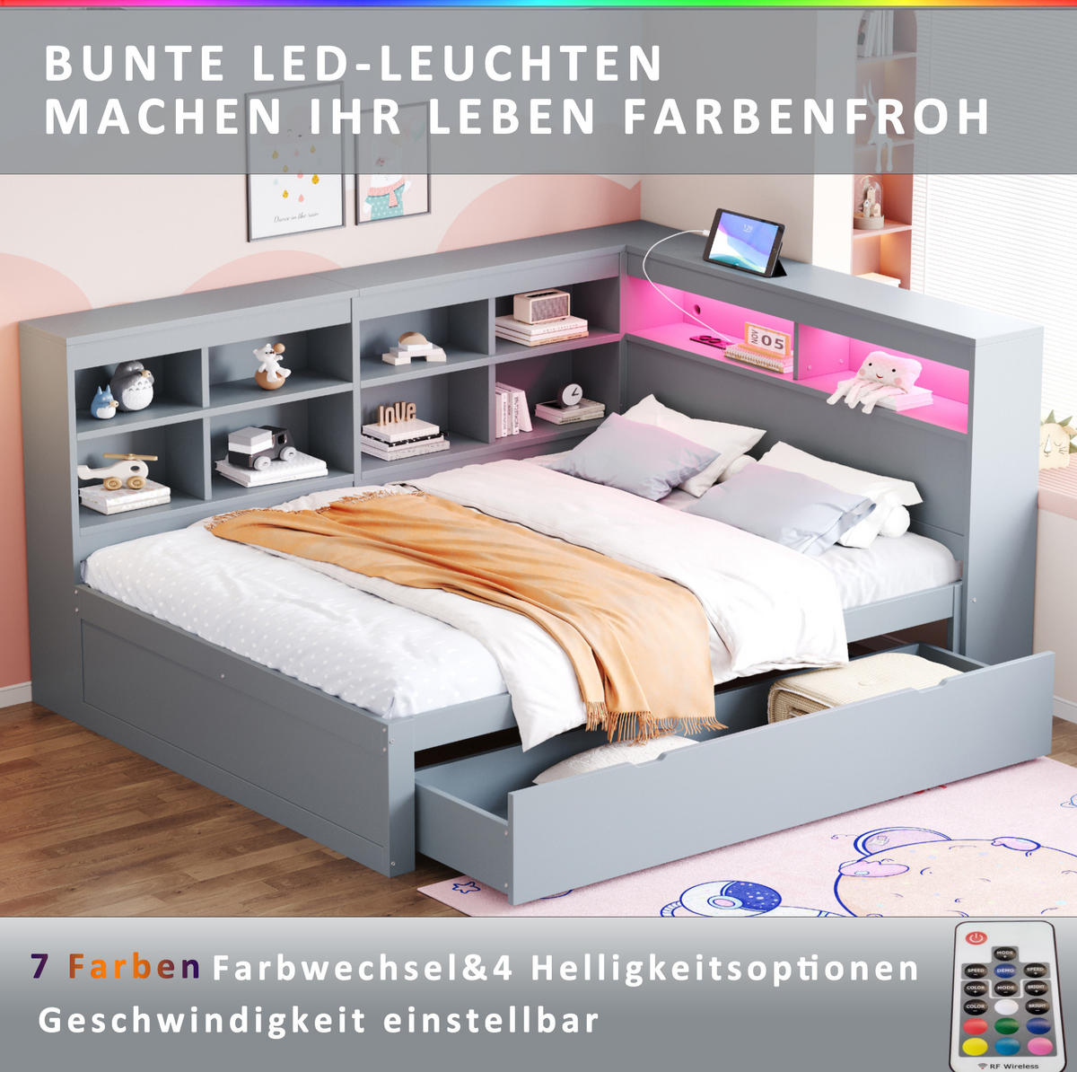 RAHMENBETT LED-Massivholzsofa 140/200 cm Grau mit Stauraum USB-Anschluss - Grau, Holz (140/200cm) - OKWISH