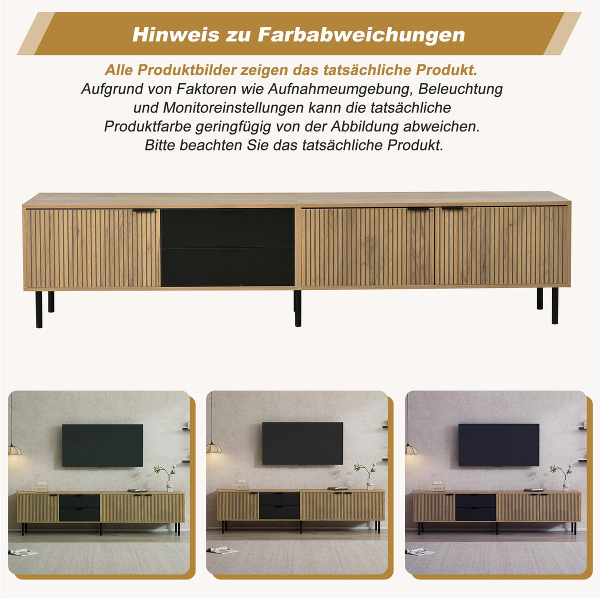 LOWBOARD in Holzoptik TV-Schrank mit Kabelmanagement , für 85-Zoll-Fernseher , B208/T40/H48 cm - Schwarz/Naturfarben, Holzwerkstoff/Metall (208/48/40cm) - STILVORA