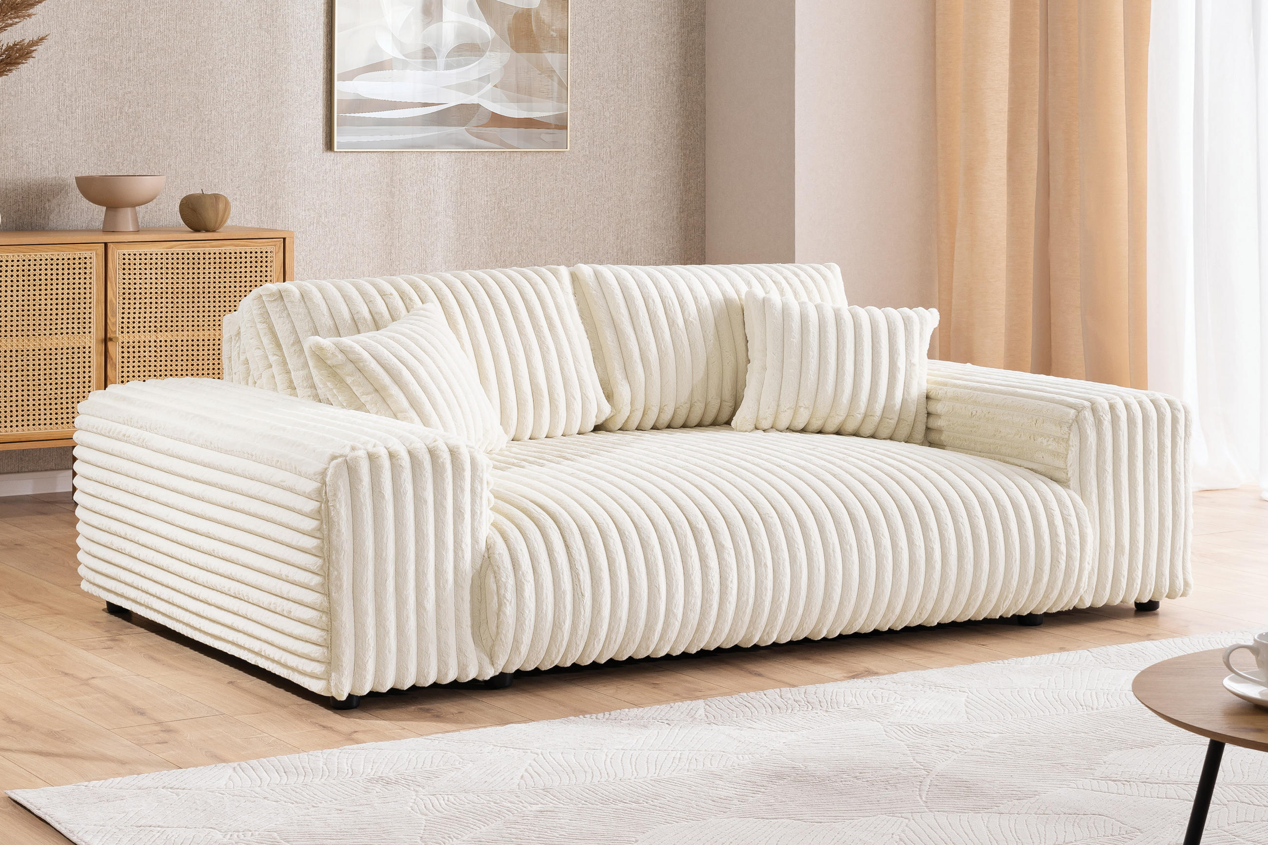 3-SITZER-SOFA Mollis Hellbeige Plüschcord - Beige/Schwarz, Holz/Kunststoff (213/79/108cm) - S-Style Möbel
