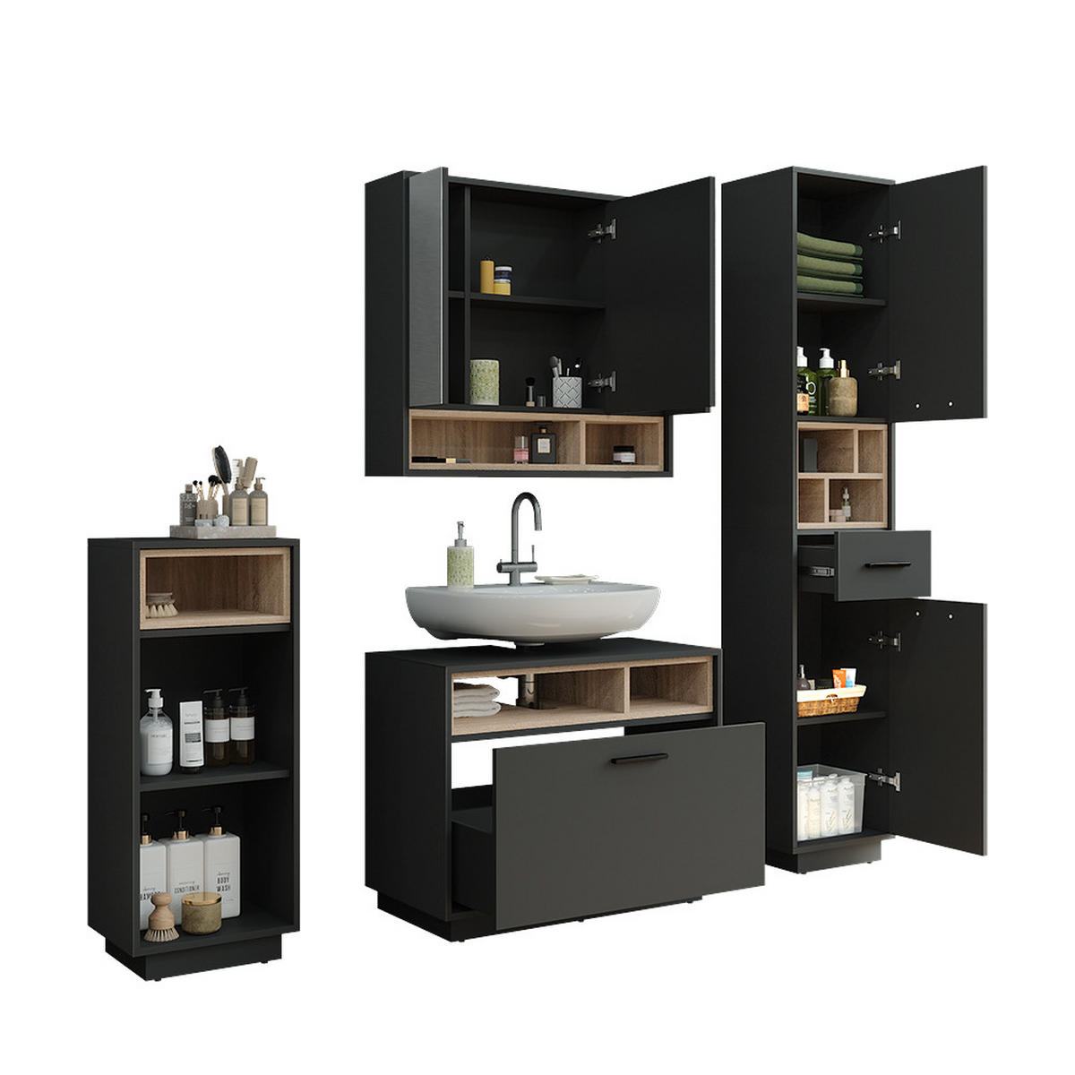 KOUPELNOVÁ SESTAVA NÁBYTKU Beatrice Anthracite/Sonoma - Sonoma dub/antracitová, kompozitní dřevo (80/64/35cm) - Vicco