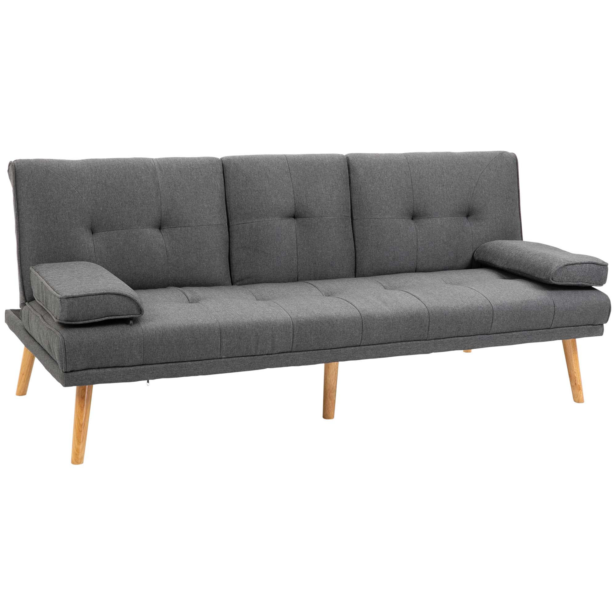 SCHLAFSOFA 3-Sitzer-Sofa Bettsofa mit Klappbarem Tisch Stoffsofa mit Leinenoptik - Dunkelgrau/Naturfarben, Holz/Textil (77/78/181cm) - HOMCOM