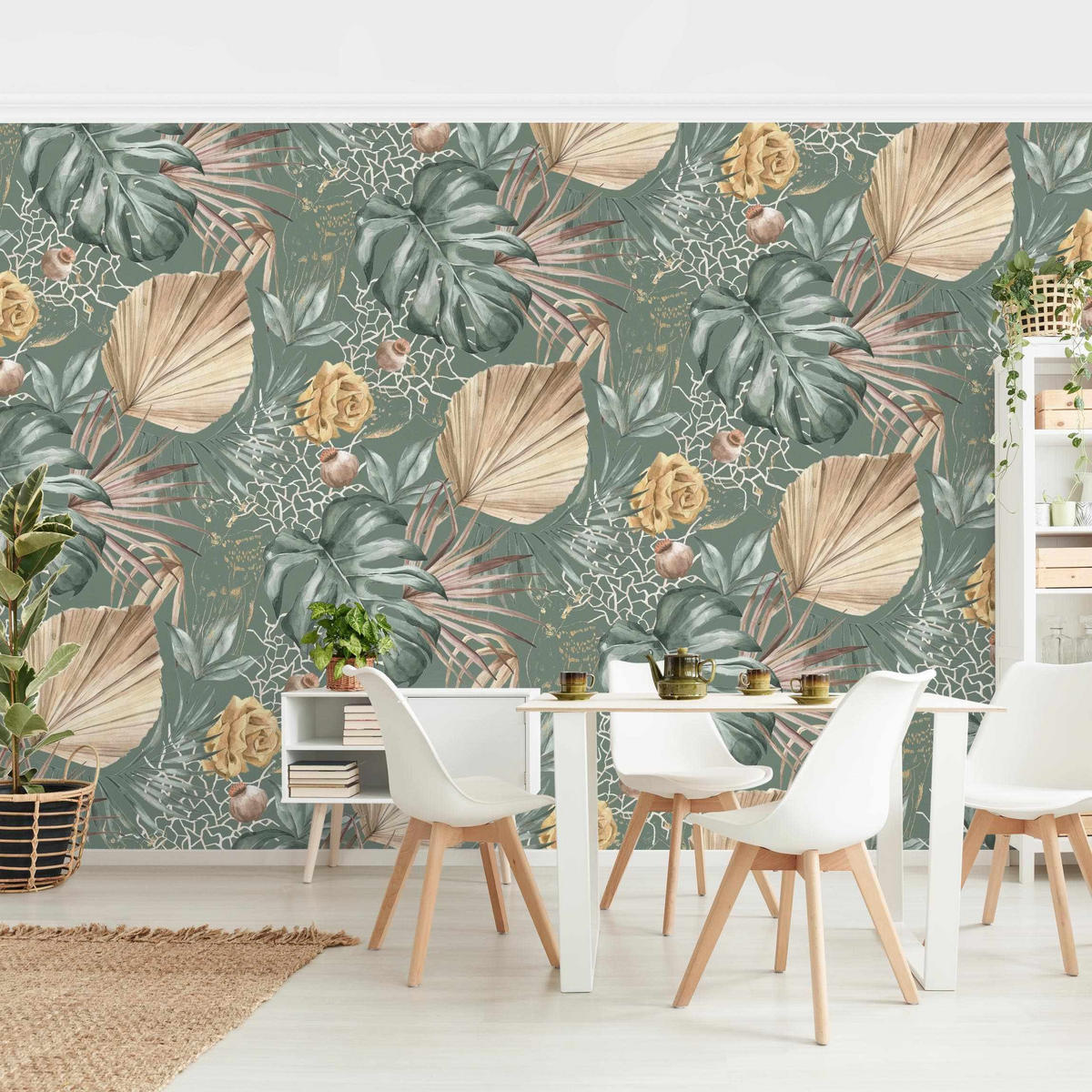 FOTOTAPETE Große Blätter mit Rosen vor Grün 432/290 cm - Grün, Papier (432/290cm) - Bilderwelten