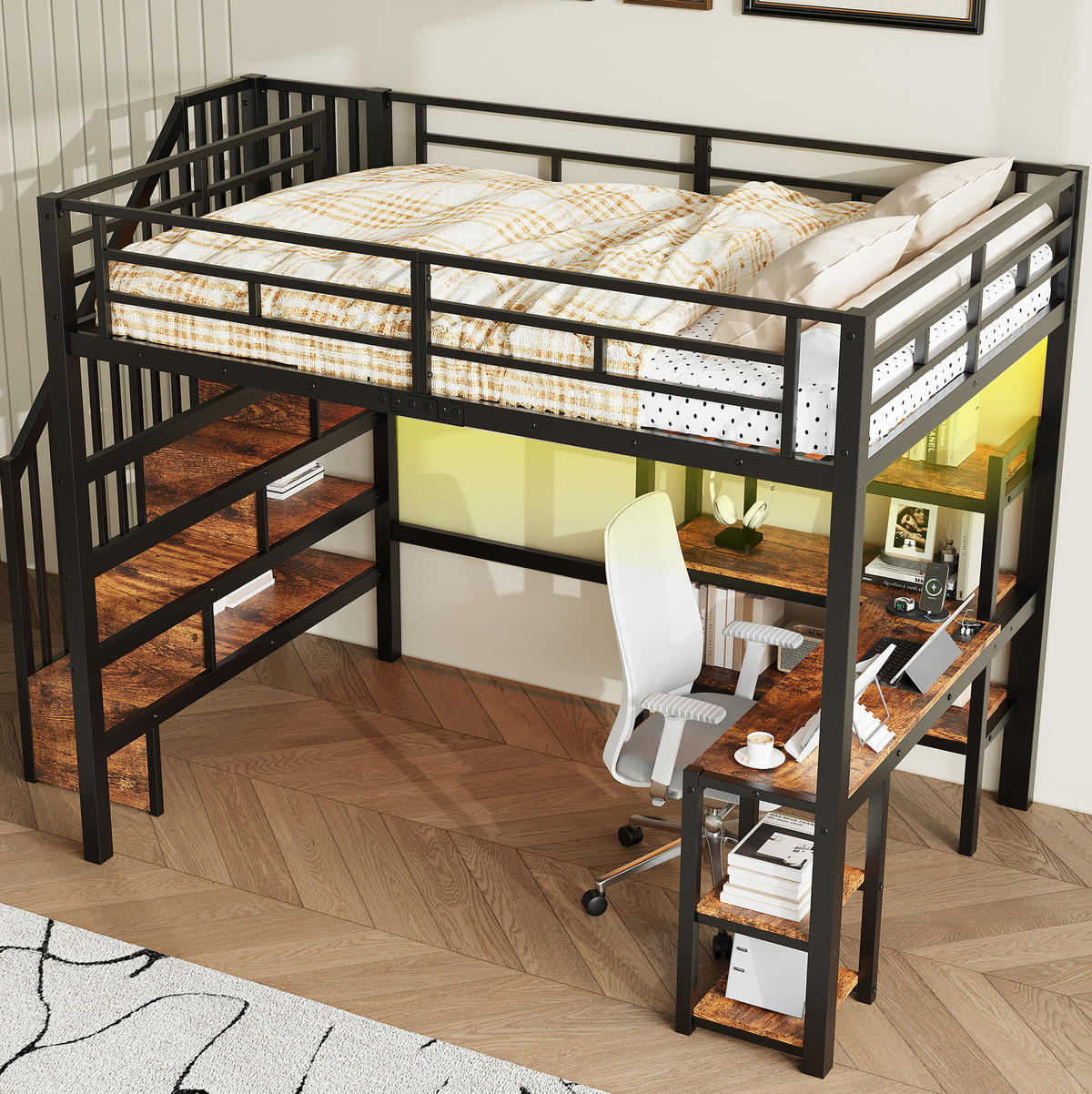 HOCHBETT 140x200 cm in Schwarz mit Schreibtisch, Stauraumtreppe und LED-Beleuchtung - Schwarz, Holzwerkstoff (140/200cm) - IVMEU
