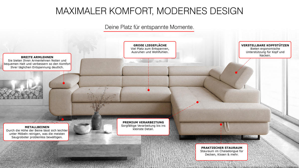 ECKSOFA Velmo mit Bettkasten und Schlaffunktion, verstellbaren Kopfstützen, in L-Form - Beige, Textil (275/203cm)