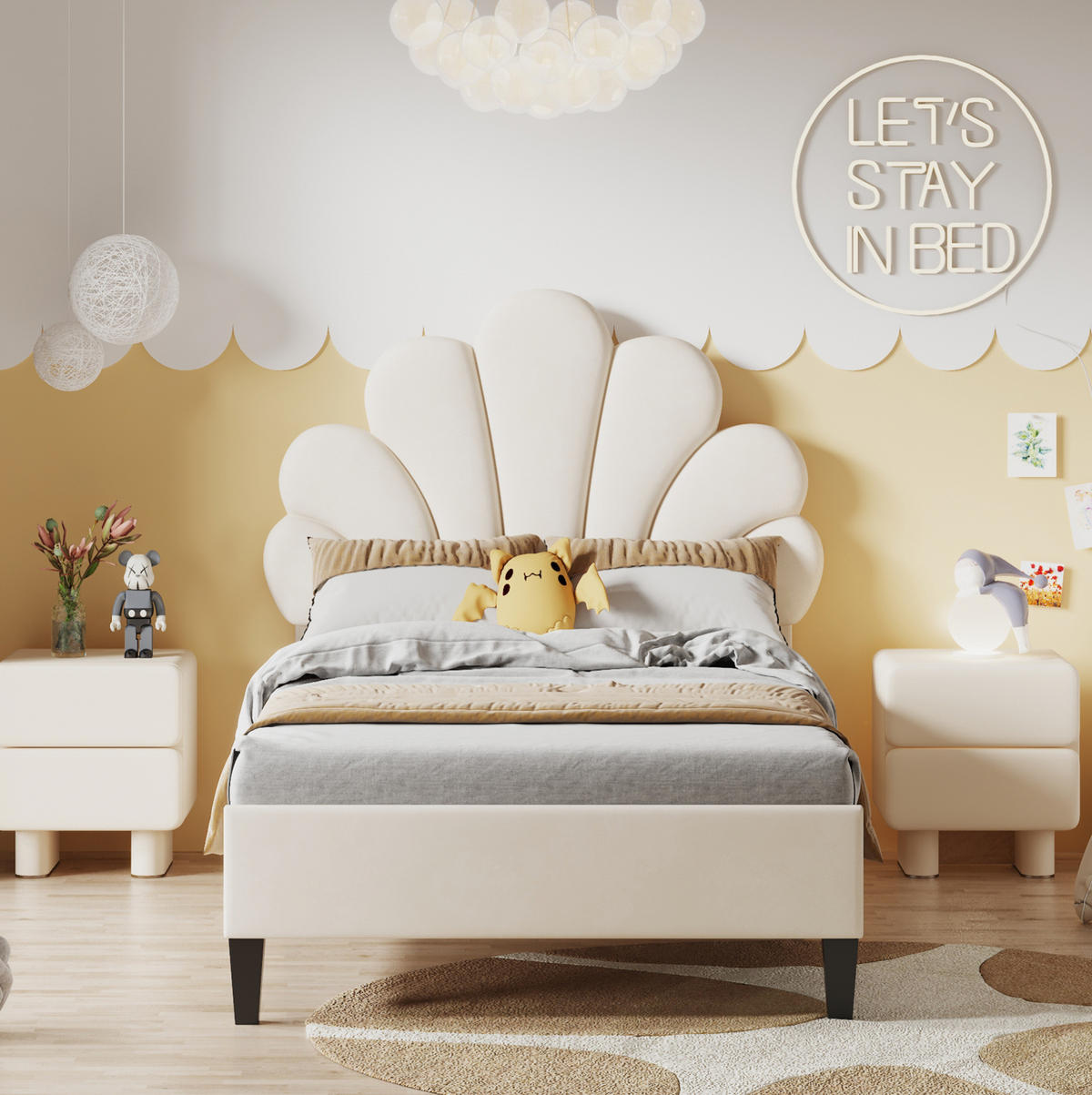 POLSTERBETT 90/200 cm aus Samt mit Kopfteil in Blumenform und Lattenrost Beige - Beige, Textil (90/200cm) - Modenvie