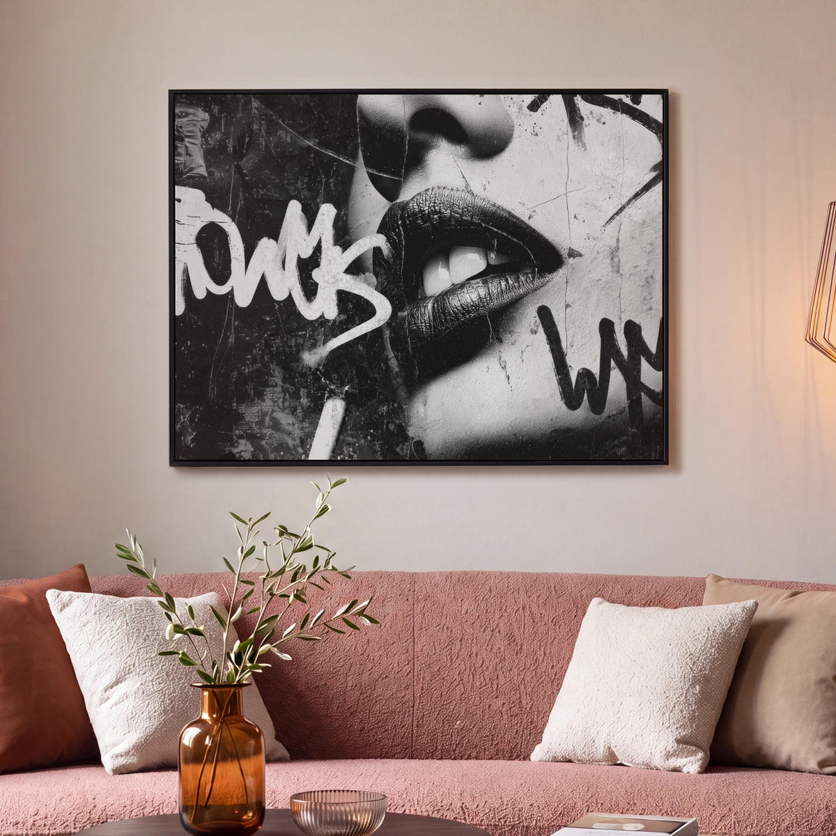 LEINWAND Bilder mit Rahmen - Gesicht - Mund - Graffiti - Schwarz - 100x70 - Schwarz, Textil (100/70cm) - MuchoWow