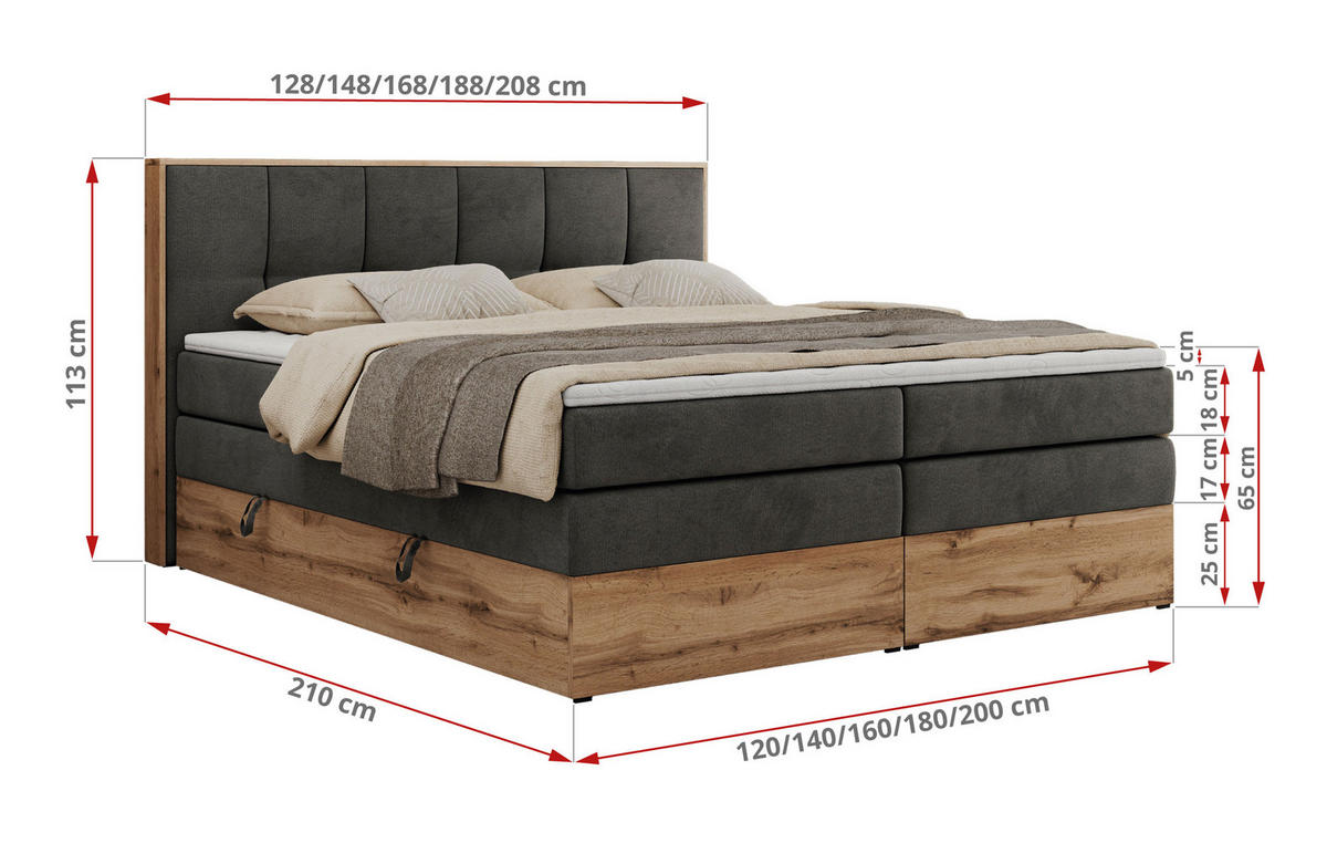 BOXSPRINGBETT ALBERO 1 KING 120/200 Dunkelgrau Velvet - H3 - Dunkelgrau, Holz/Textil (120/200cm) - MKS