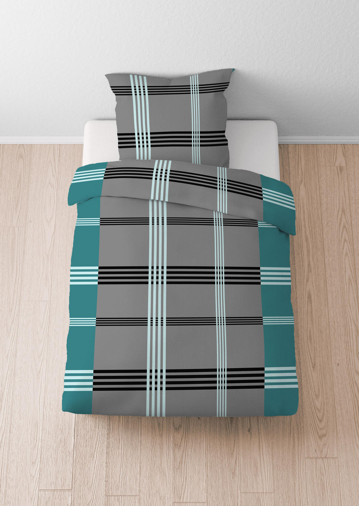 BETTWÄSCHE-GARNITUR Renforcé Karo-streifen türkis, 155x220 cm + 80x80 cm - Türkis, Textil (155/220cm) - Castell