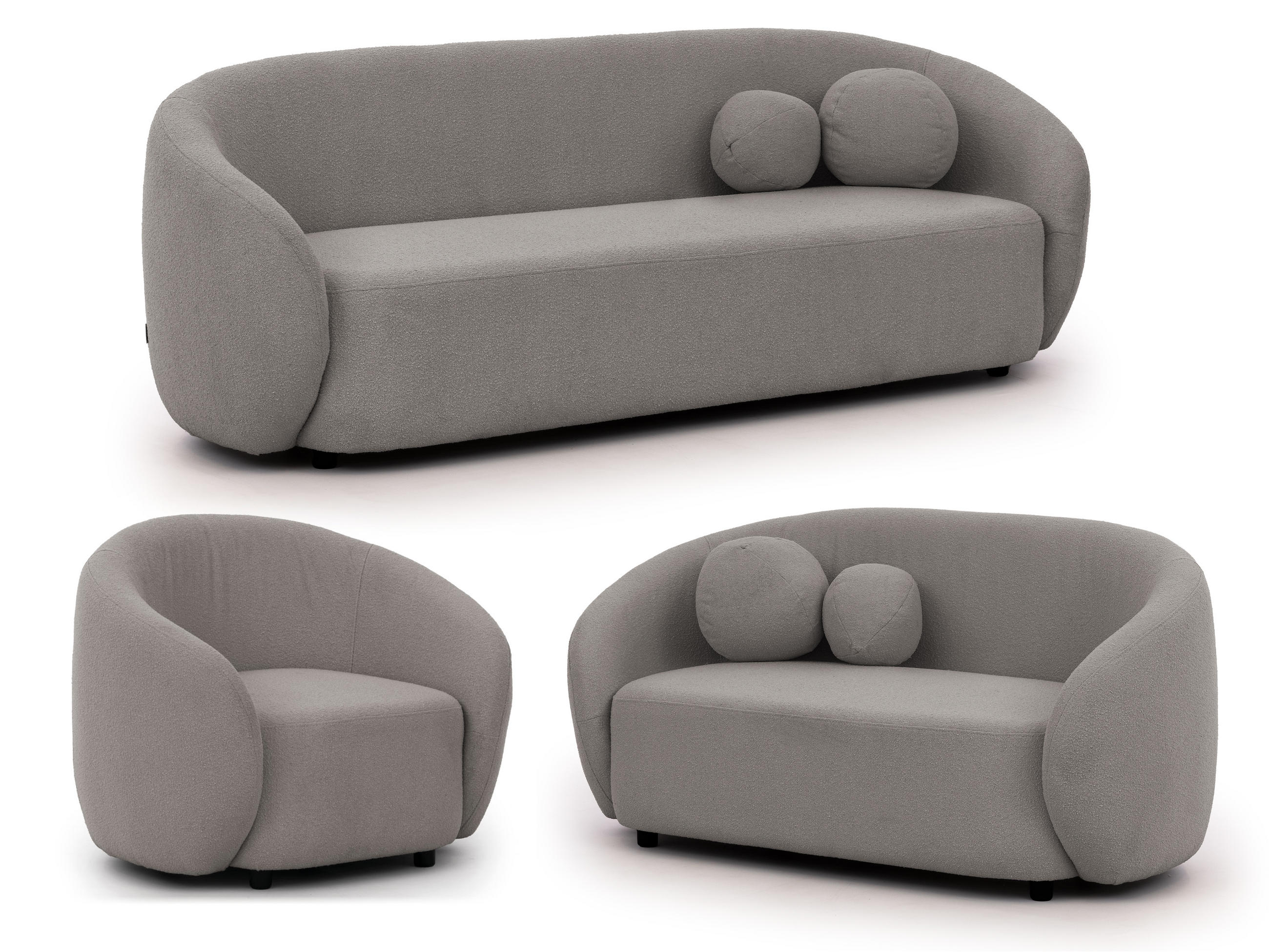 SITZGARNITUR 3+2+1 Roundi Grau Bouclé - Schwarz/Grau, Holz/Kunststoff (208/76/80cm) - S-Style Möbel