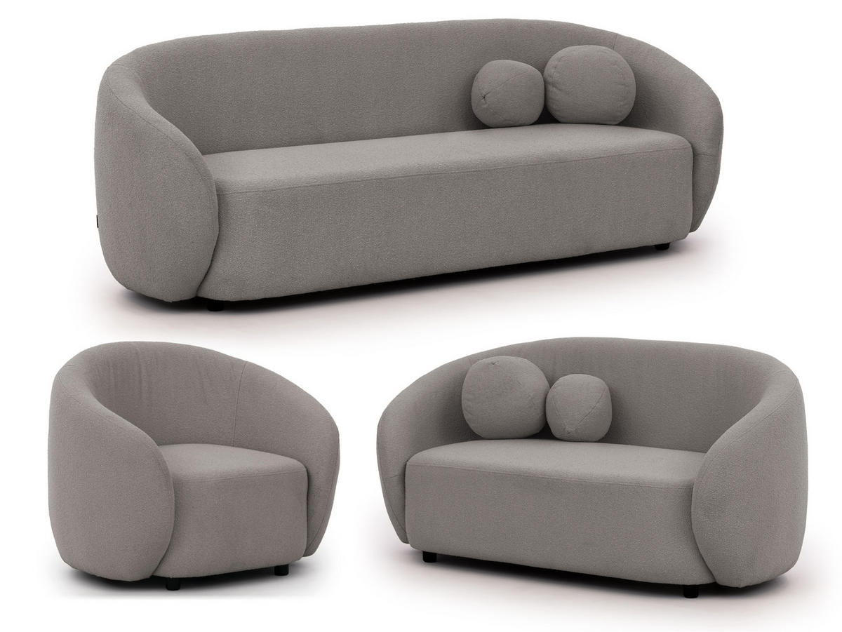 SITZGARNITUR 3+2+1 Roundi Grau Bouclé - Schwarz/Grau, Holz/Kunststoff (208/76/80cm) - S-Style Möbel