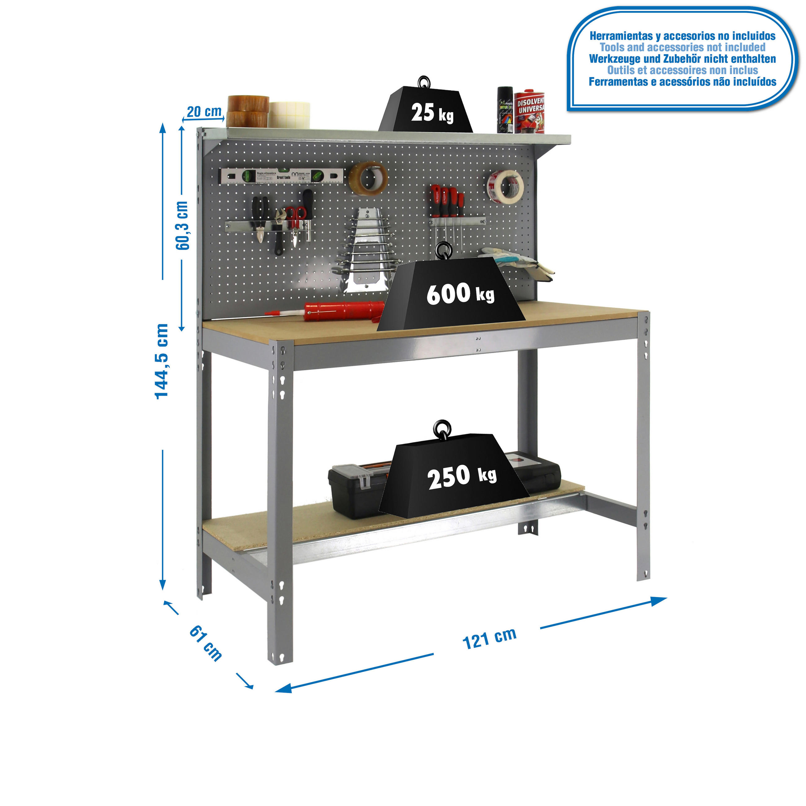 WERKBANK BUFFALO mit Werkzeugwand und Ablage | HxBxT 84x120x61cm | Traglast 600kg | Grau - Grau, Metall (120/84/61cm) - PROREGAL