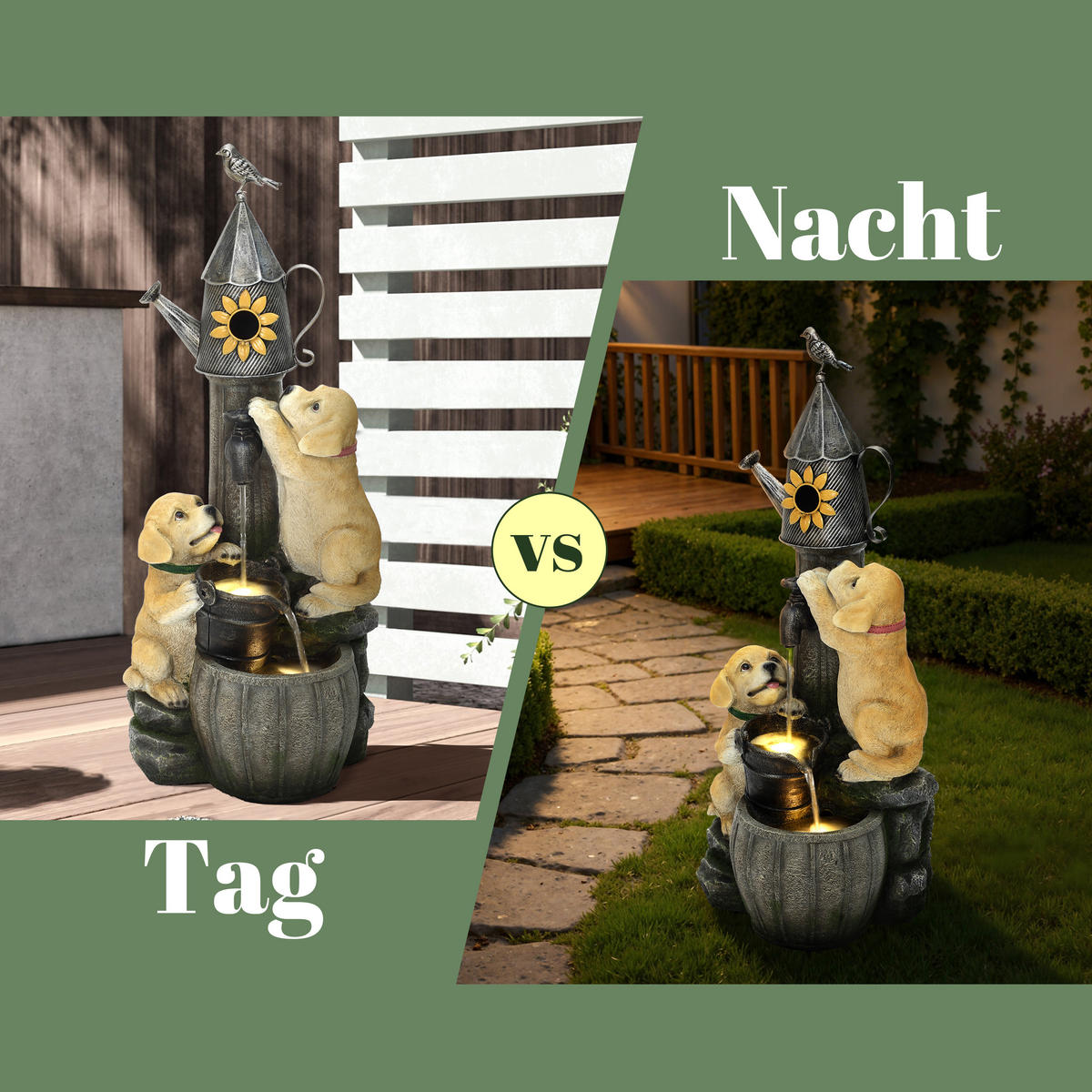 POLYRESIN-GARTENBRUNNEN,2 Hündchen+Vogelhaus,90x38x34cm,Garten/Balkon/Terrasse - Grau, Kunststoff (34/38/90cm)