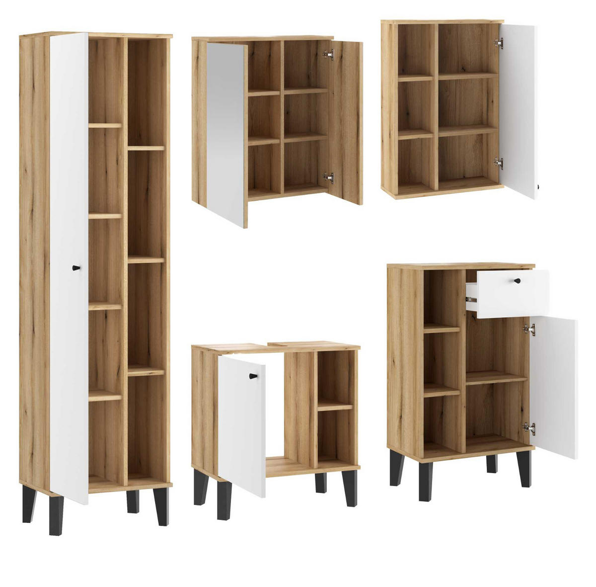 BADMÖBEL-SET 5-teilig weiß, Evoke Eiche, Badkombination 182 x 190 cm - Eichefarben/Schwarz, Glas/Holzwerkstoff (182/190/33cm) - Furn.Design