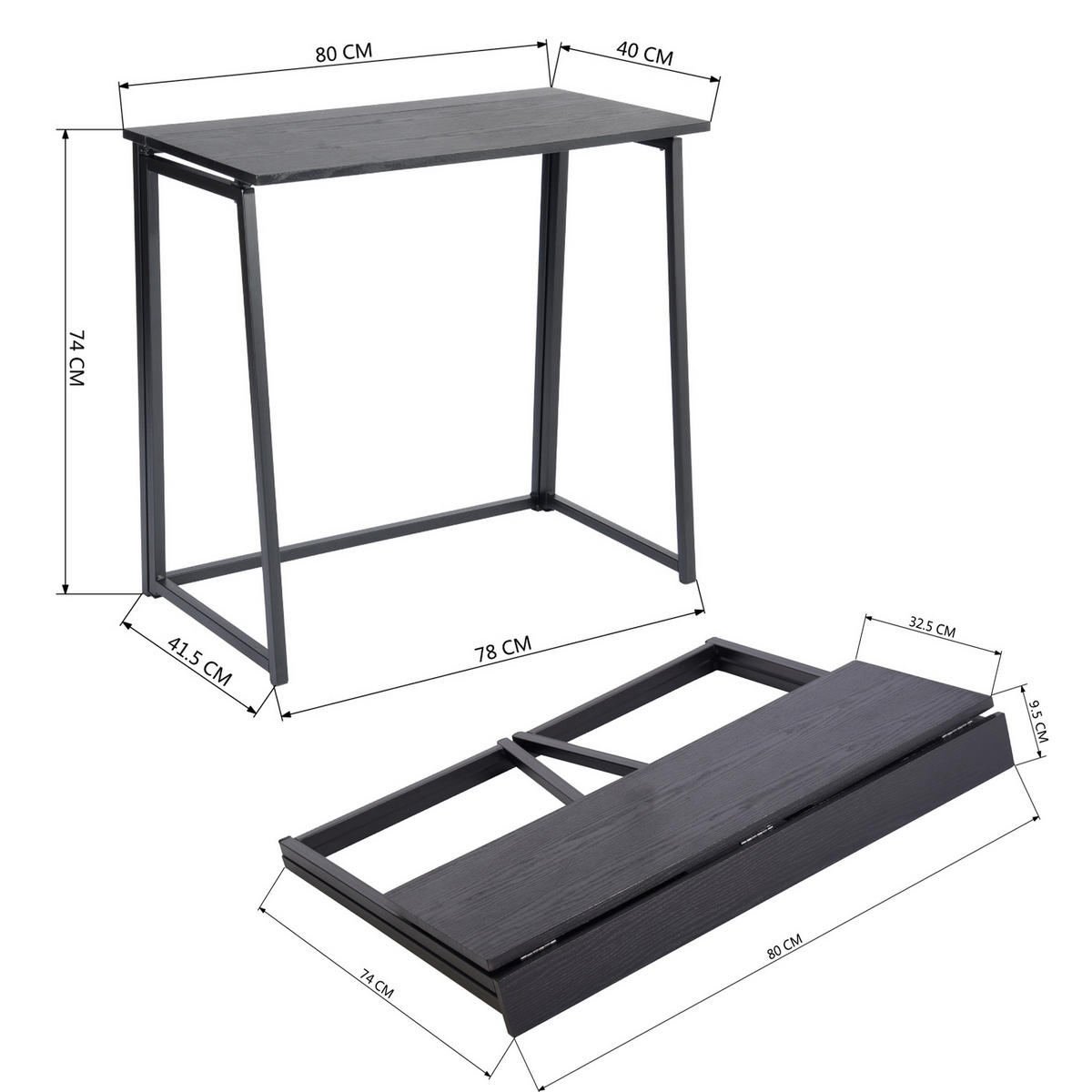 KLAPPTISCH als Schreibtisch und Computertisch, Schwarz - Schwarz, Metall (41.5/78/74cm) - Meubles Cosy