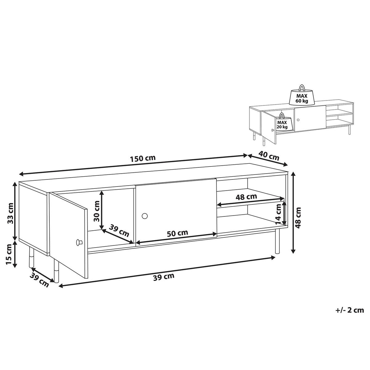 TV-MÖBEL Schwarz, Hellbraun, Gold ABILEN 40/150/48 cm - Schwarz, Holzwerkstoff (150/48/40cm) - Beliani