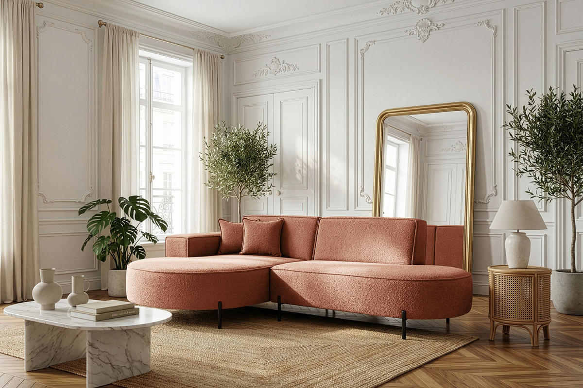 ECKSOFA Hana Loft 3-Sitzer Ecke Links, Boucle, Terra 241/80/168 cm - Terracotta/Schwarz, Textil/Metall (241/168cm) - WFL GROUP