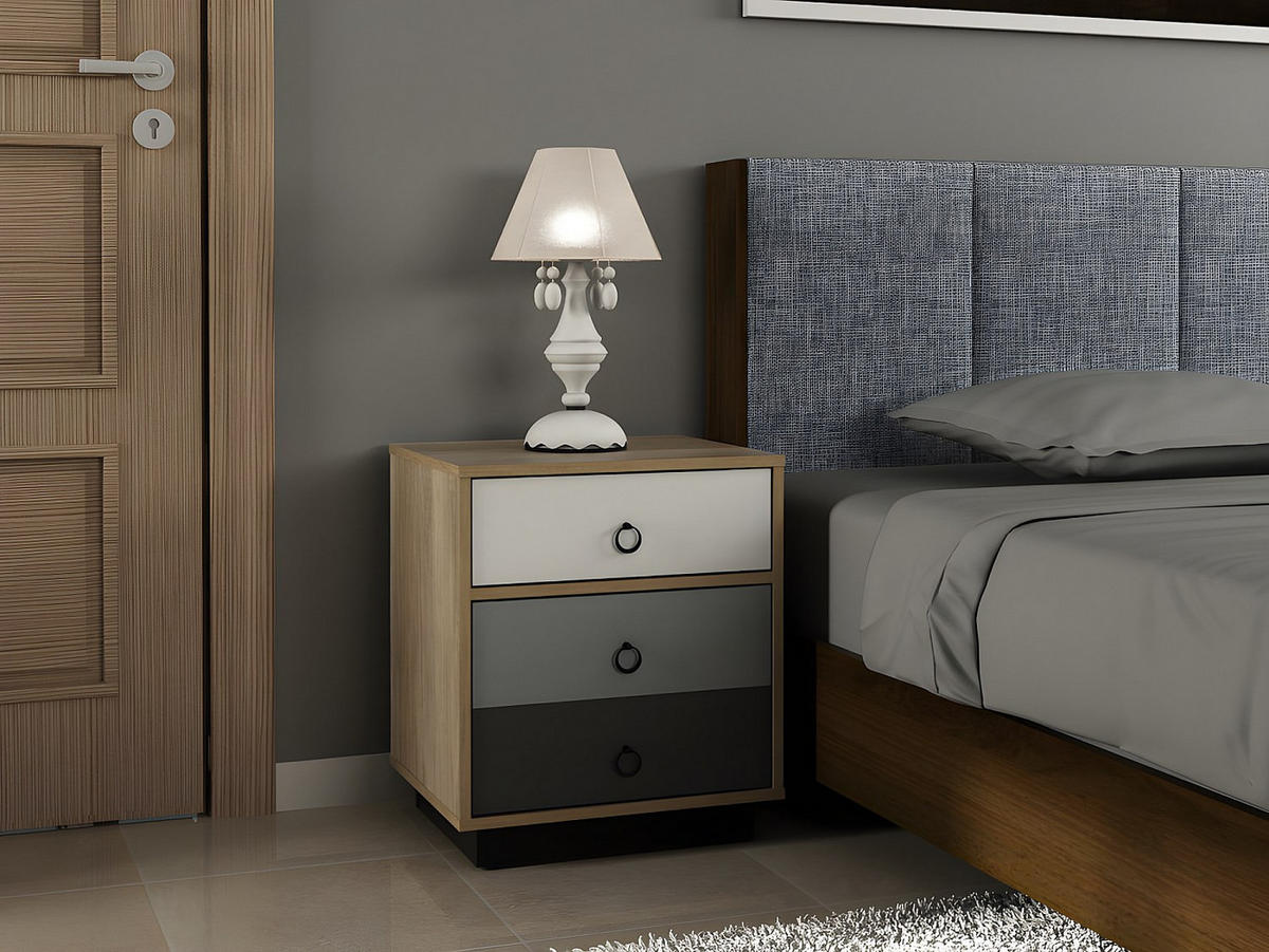 NACHTTISCH mit 1 Tür & 1 Schublade - Holzfarben, Weiß & Grau - KRYPTON - Multicolor, Holz (47.4/55.3/39.6cm) - Vente-Unique