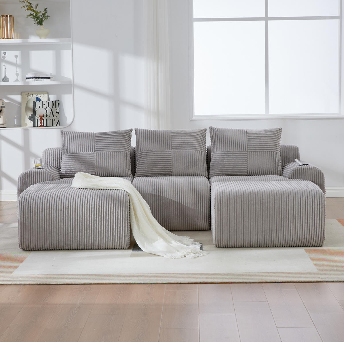 SOFA modular 3-Sitzer Cord Light Gray mit 2 Hockern - Hellgrau, Kunststoff (174/80/268.1cm) - Meubliv