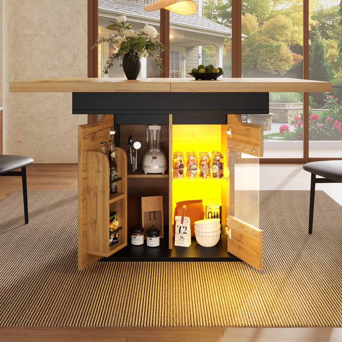 ESSTISCH 110-140x80x76 cm in Natur und Schwarz aus MDF mit Sicherheitsglas ausziehbar - Naturfarben, Holzwerkstoff (80/140/76cm) - Modfu