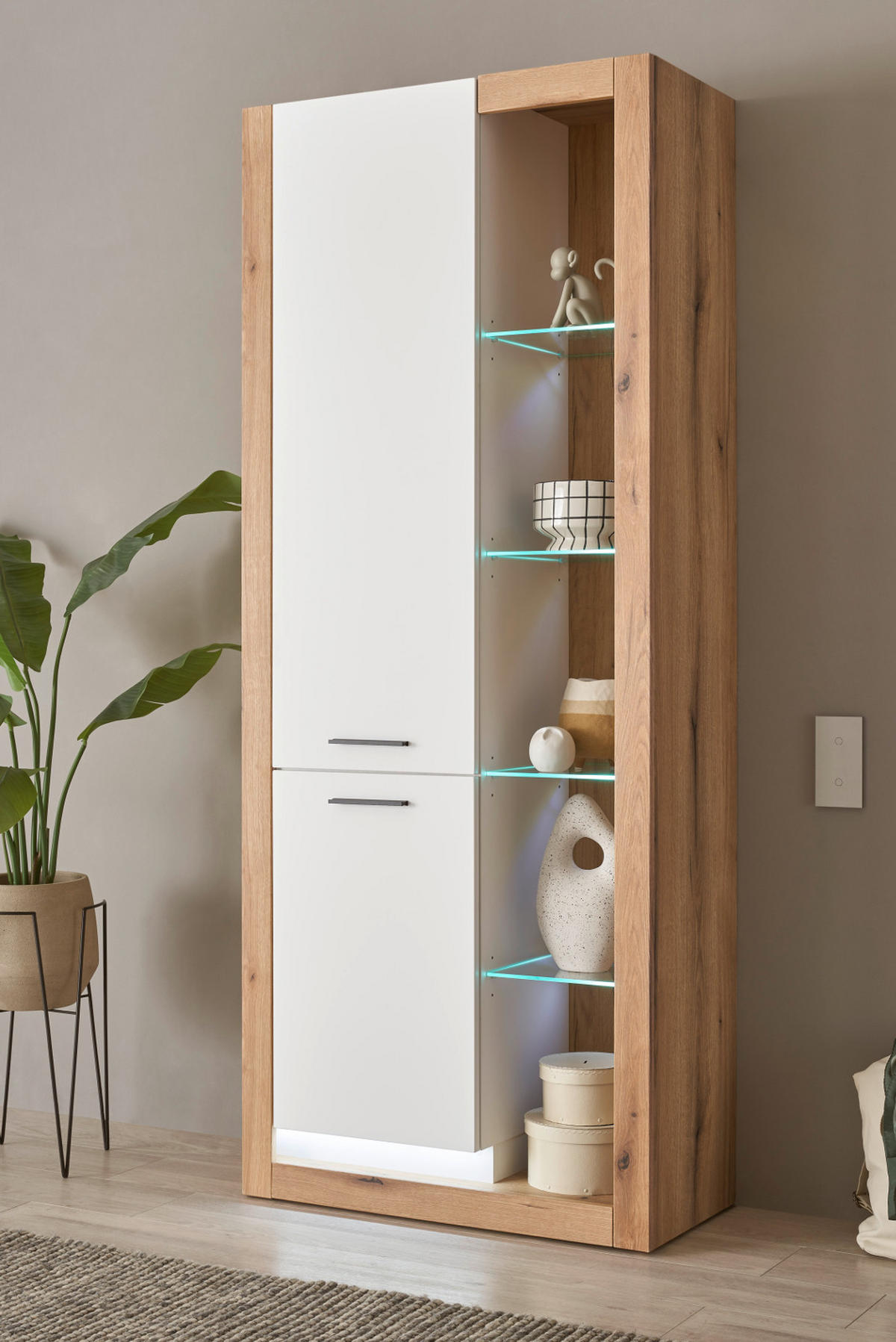 VITRINE weiß matt, Evoke Eiche, Vitrinenschrank 80 x 195 cm - Eichefarben/Silberfarben, Glas/Holzwerkstoff (80/195/37cm) - Furn.Design