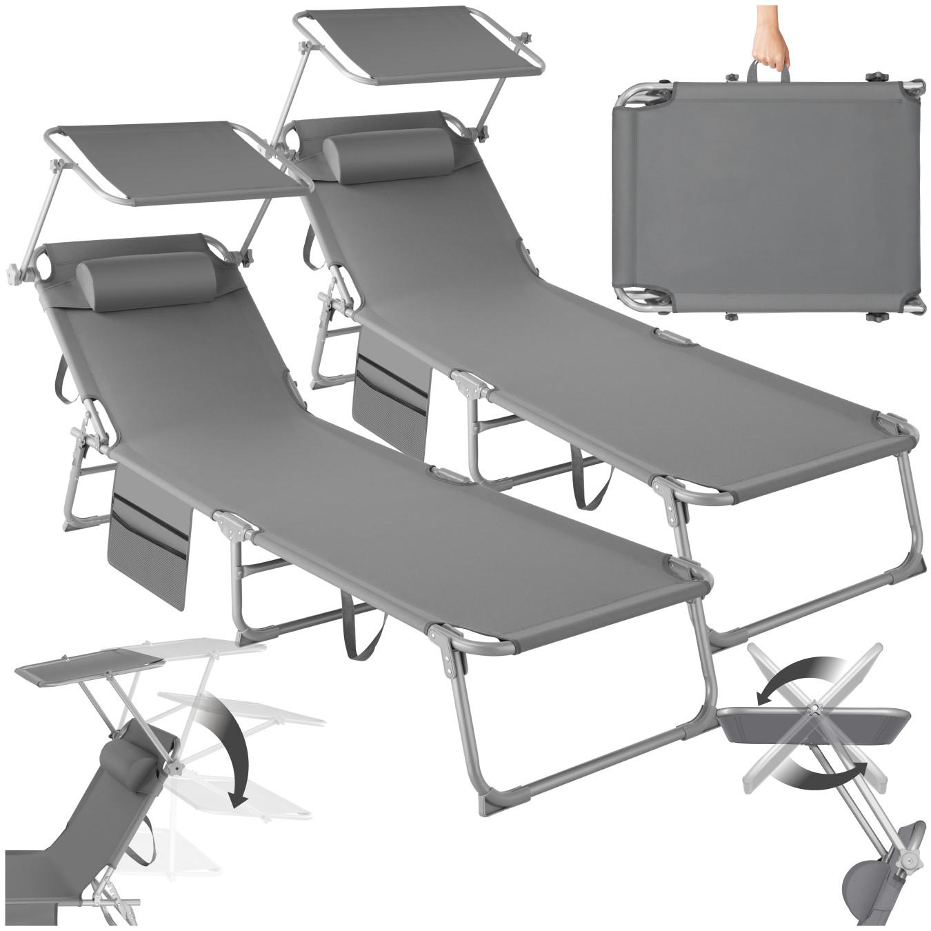 SONNENLIEGE 2er Set Chloé,190 x 68 x 28 cm, mit Seitentasche,grau - Grau, Kunststoff (68/111/161cm) - tectake